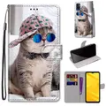 For ZTE Blade A71 Coloured Drawing Cross Texture Horizontal Flip PU Leather Case with Holder & Card Slots & Wallet & Lanyard(Slant Hat Blue Mirror Cat