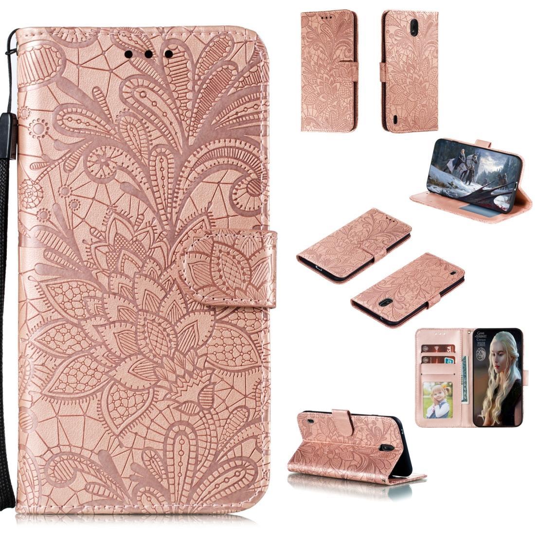 For Nokia C1 Lace Flower Horizontal Flip Leather Case with Holder & Card Slots & Wallet & Photo Frame(Rose Gold)