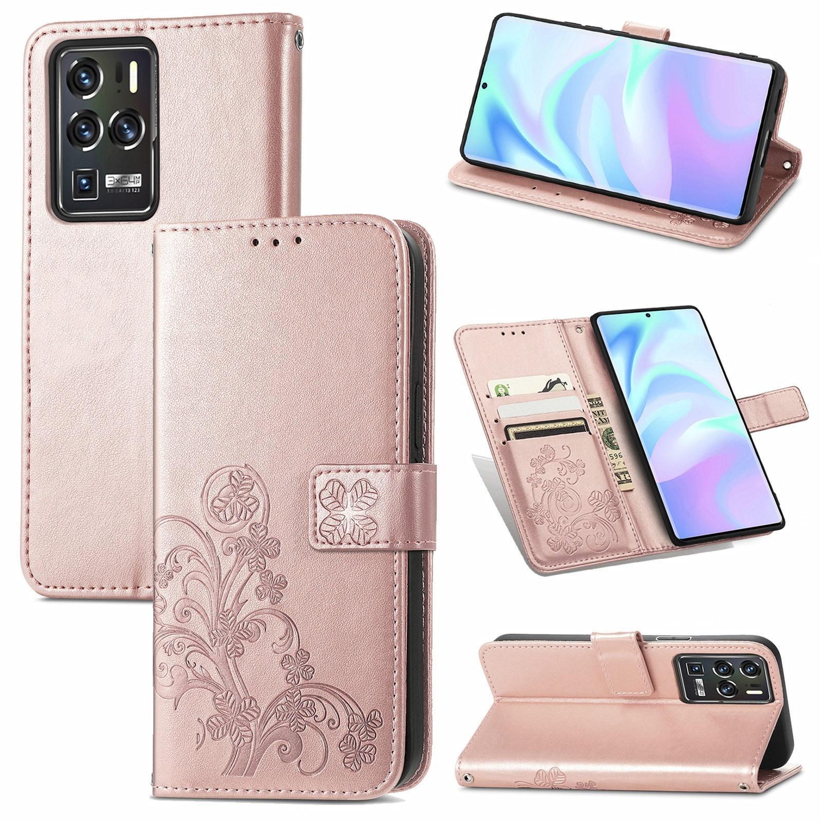 For ZTE Axon 30 Ultra 5G Four-leaf Clasp Embossed Buckle Mobile Phone Protection Leather Case with Lanyard & Card Slot & Wallet & Bracket Function(Ros