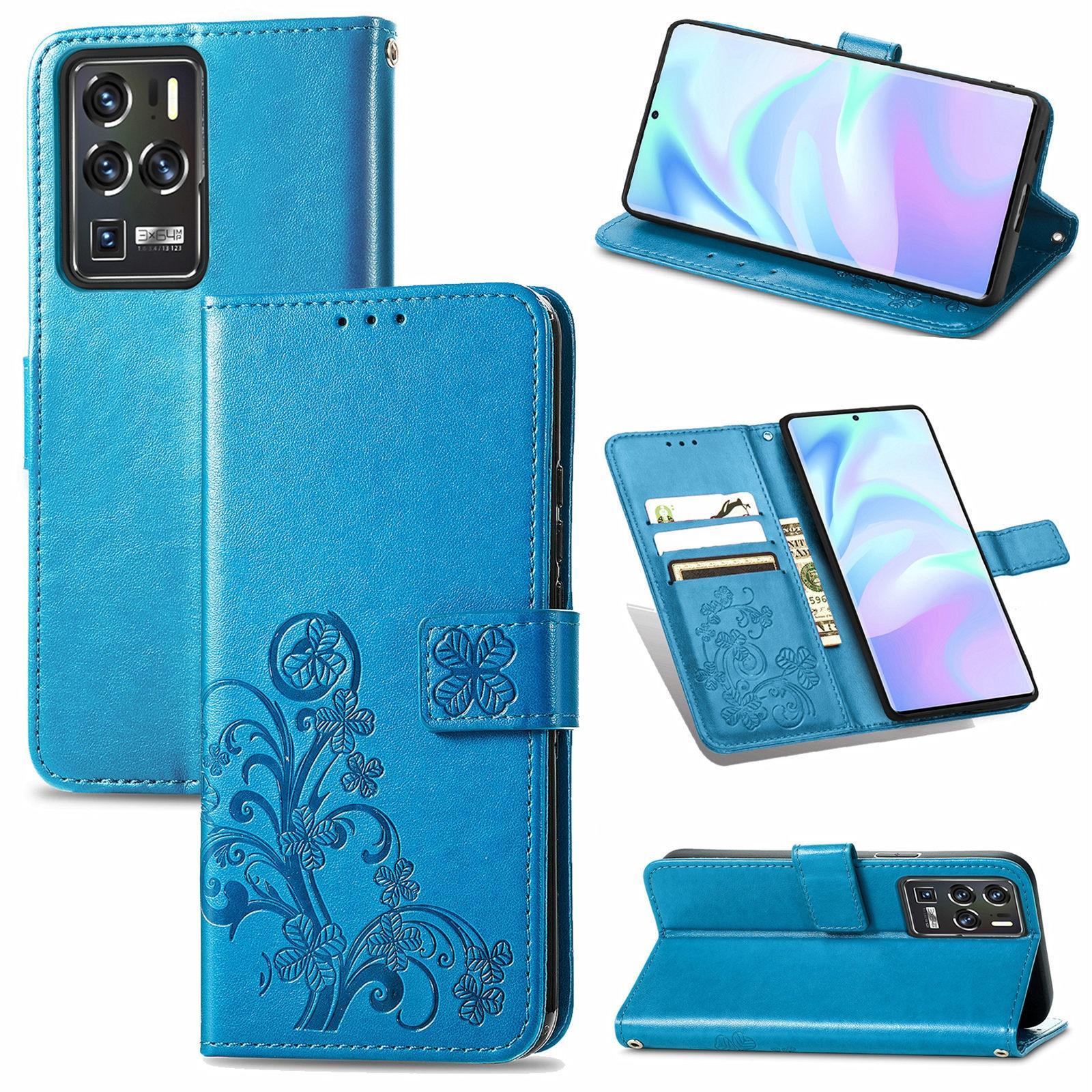 For ZTE Axon 30 Ultra 5G Four-leaf Clasp Embossed Buckle Mobile Phone Protection Leather Case with Lanyard & Card Slot & Wallet & Bracket Function(Blu