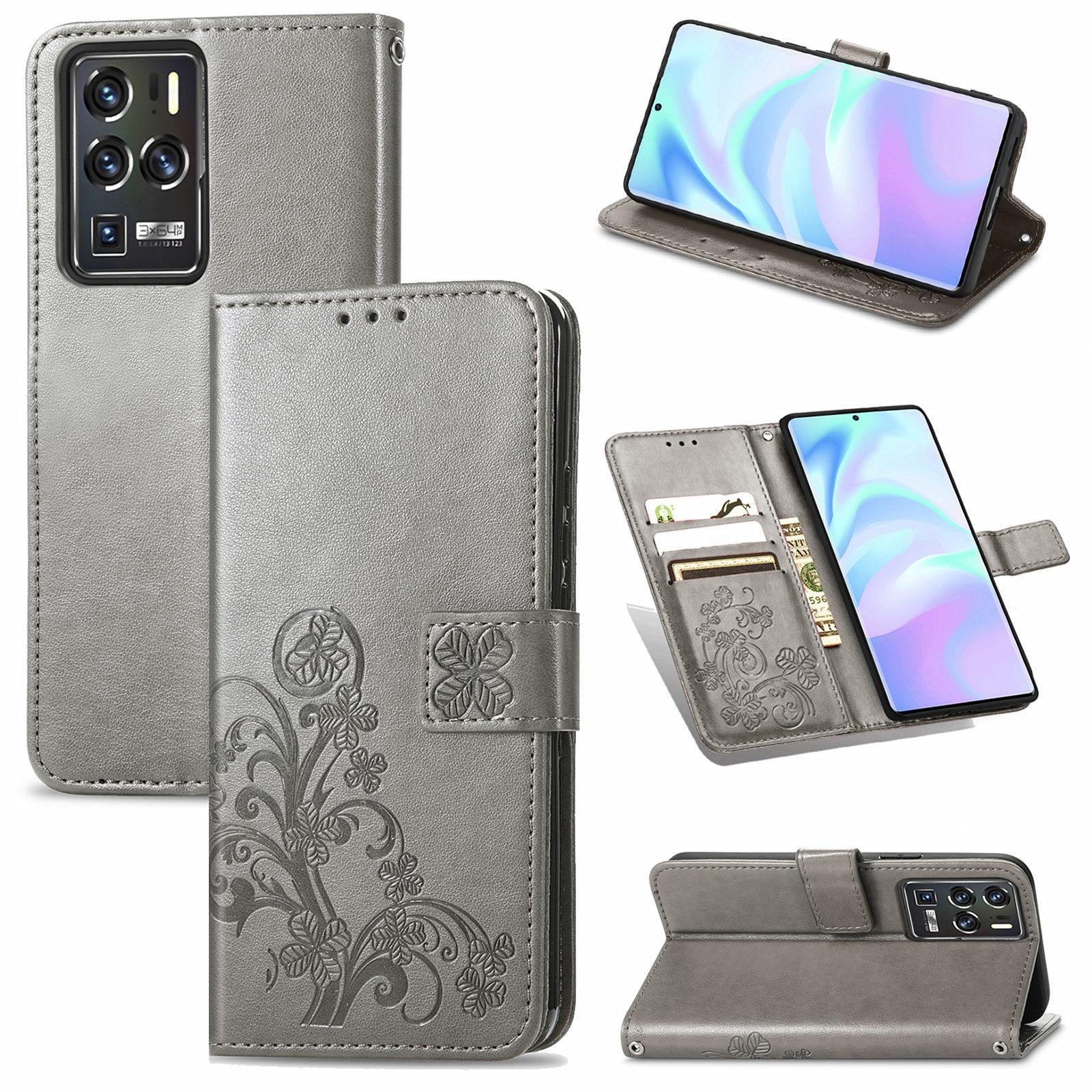 For ZTE Axon 30 Ultra 5G Four-leaf Clasp Embossed Buckle Mobile Phone Protection Leather Case with Lanyard & Card Slot & Wallet & Bracket Function(Gra