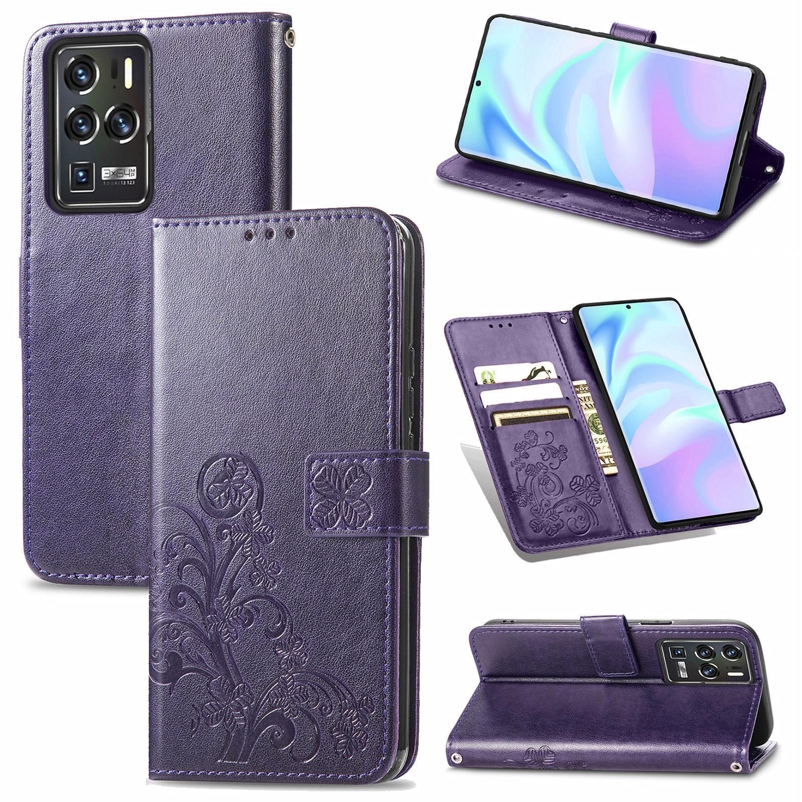For ZTE Axon 30 Ultra 5G Four-leaf Clasp Embossed Buckle Mobile Phone Protection Leather Case with Lanyard & Card Slot & Wallet & Bracket Function(Pur