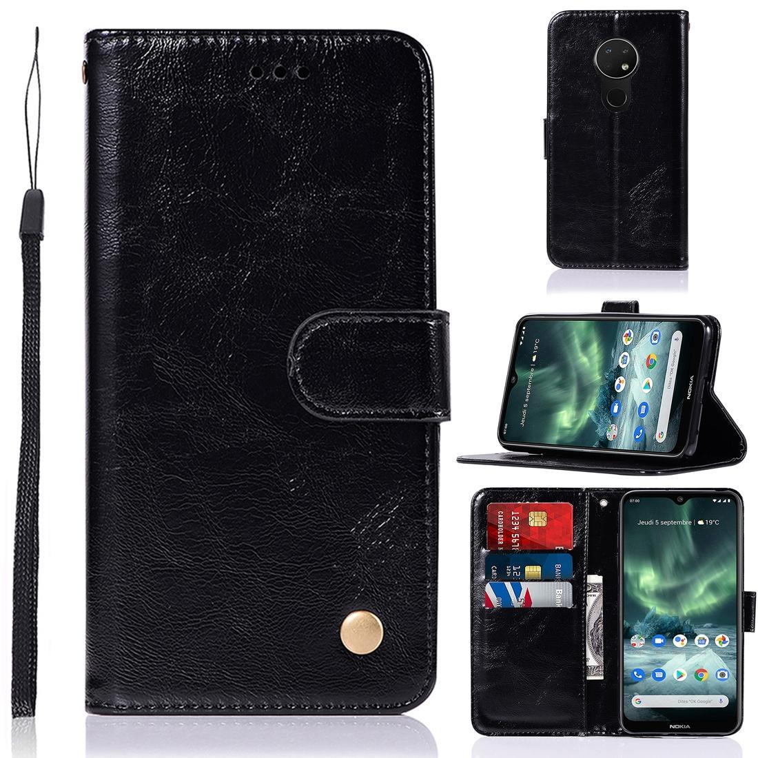 For Nokia 7.2 Retro Copper Button Crazy Horse Horizontal Flip PU Leather Case with Holder & Card Slots & Wallet & Lanyard(Black)