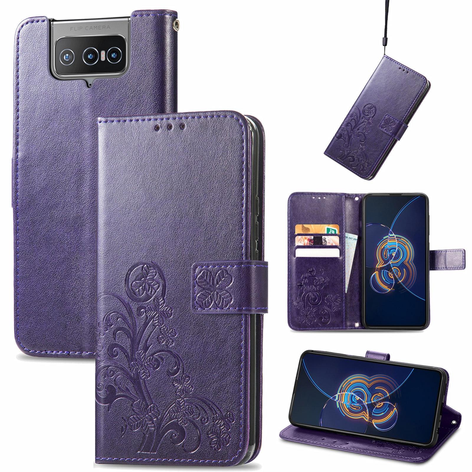 For Asus Zenfone 8 Flip Four-leaf Clasp Embossed Buckle Mobile Phone Protection Leather Case with Lanyard & Card Slot & Wallet & Bracket Function(Purp