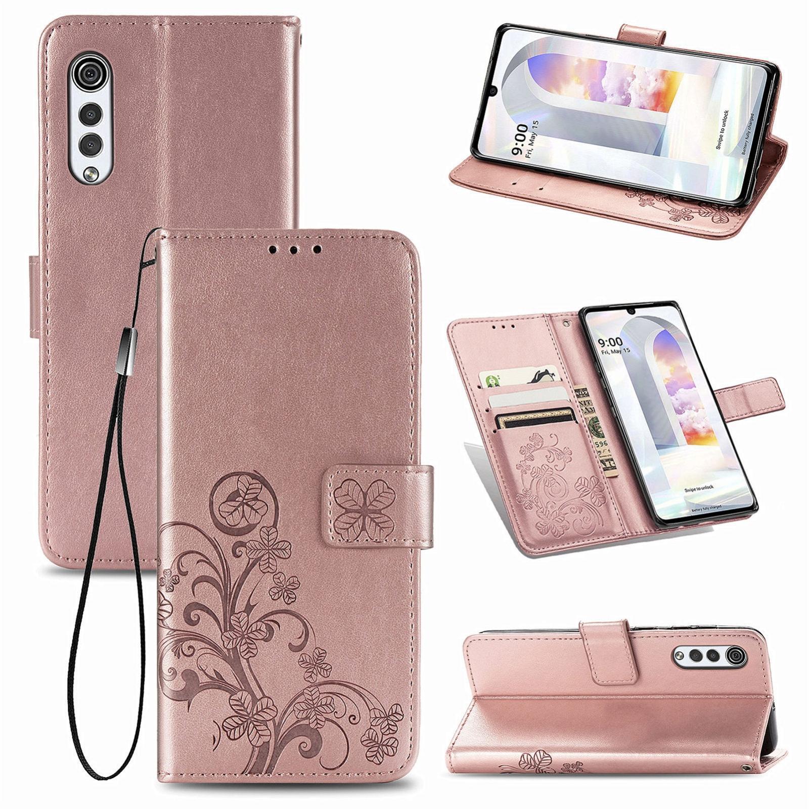 For LG Velvet 2 Pro Four-leaf Clasp Embossed Buckle Mobile Phone Protection Leather Case with Lanyard & Card Slot & Wallet & Bracket Function(Rose Gol