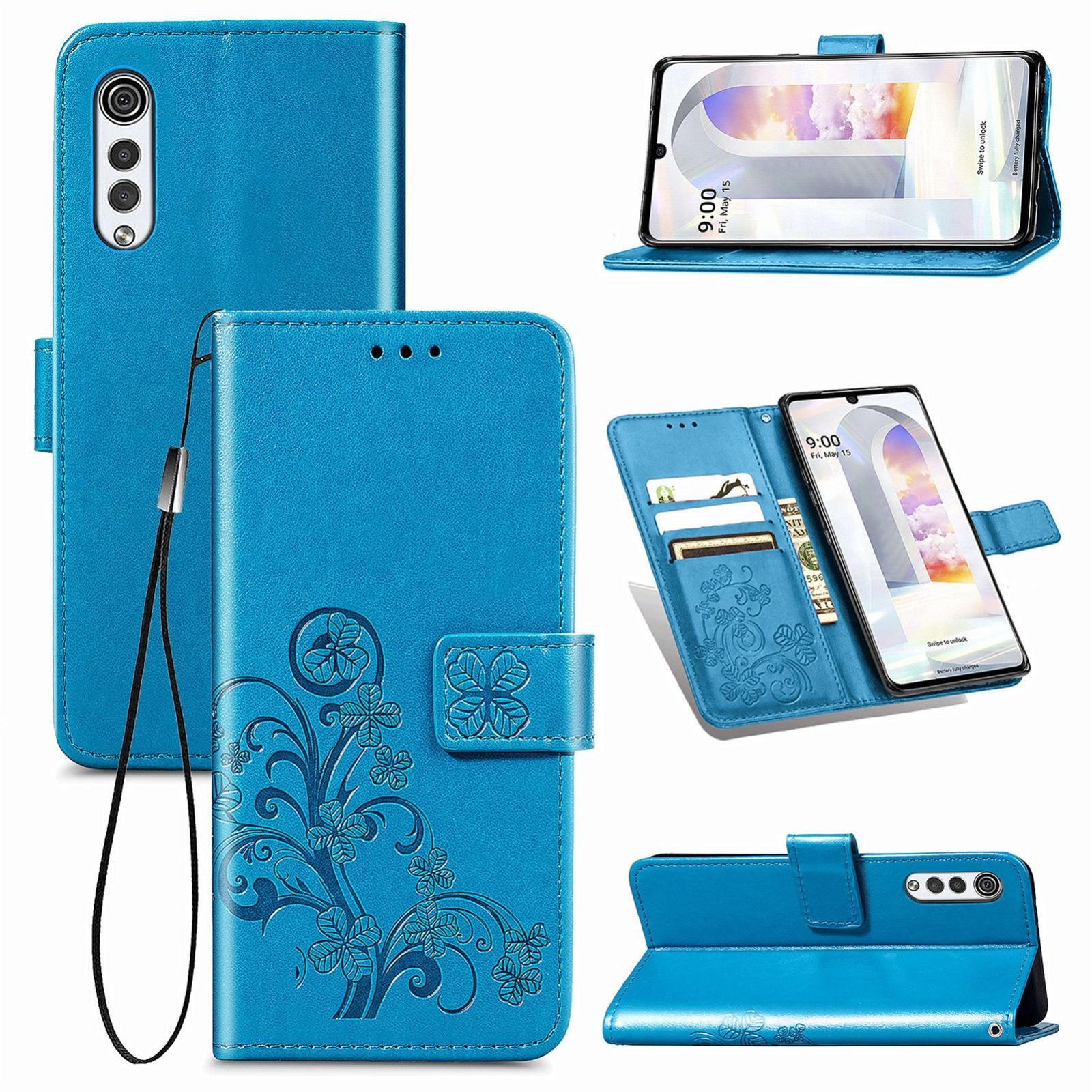 For LG Velvet 2 Pro Four-leaf Clasp Embossed Buckle Mobile Phone Protection Leather Case with Lanyard & Card Slot & Wallet & Bracket Function(Blue)