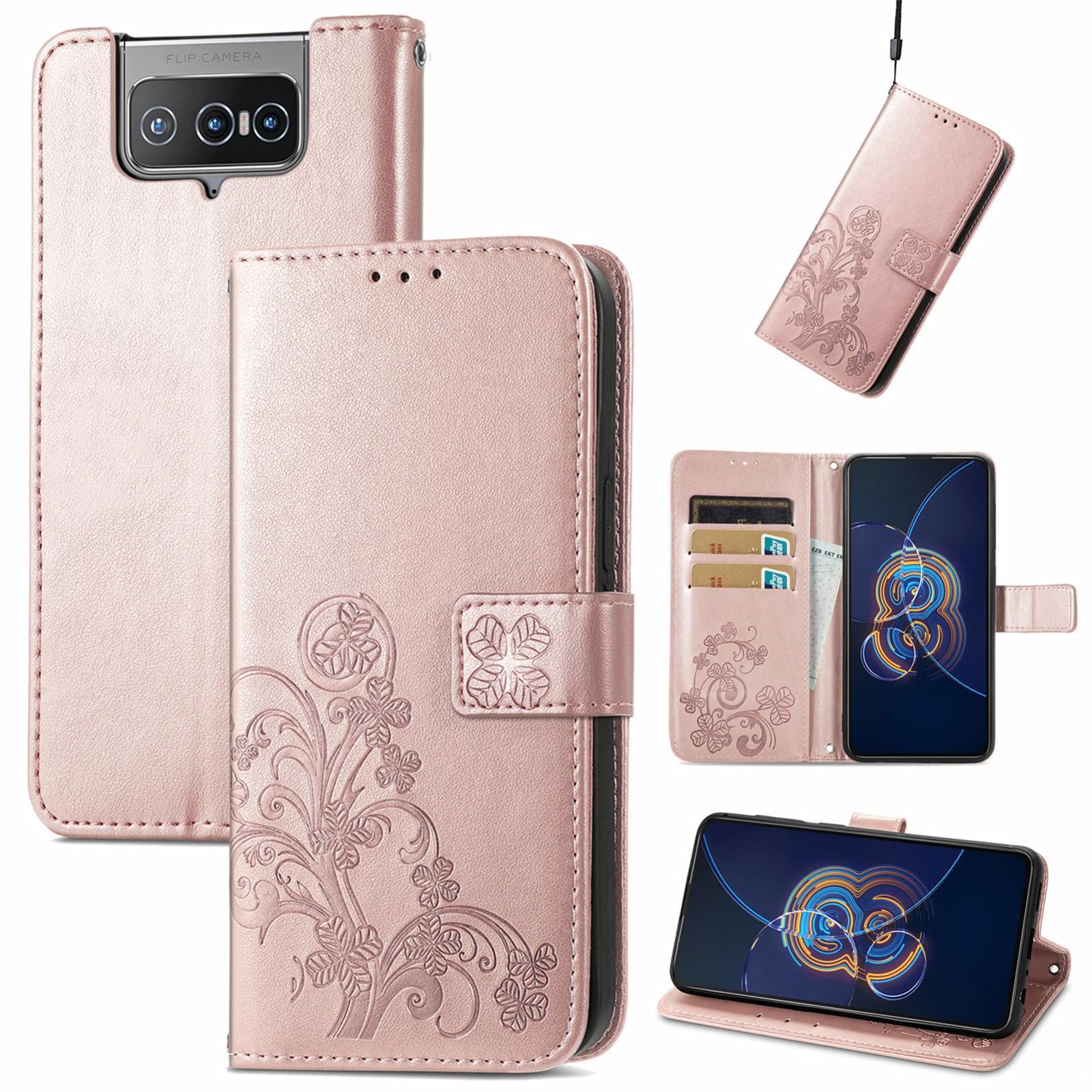 For Asus Zenfone 8 Flip Four-leaf Clasp Embossed Buckle Mobile Phone Protection Leather Case with Lanyard & Card Slot & Wallet & Bracket Function(Rose