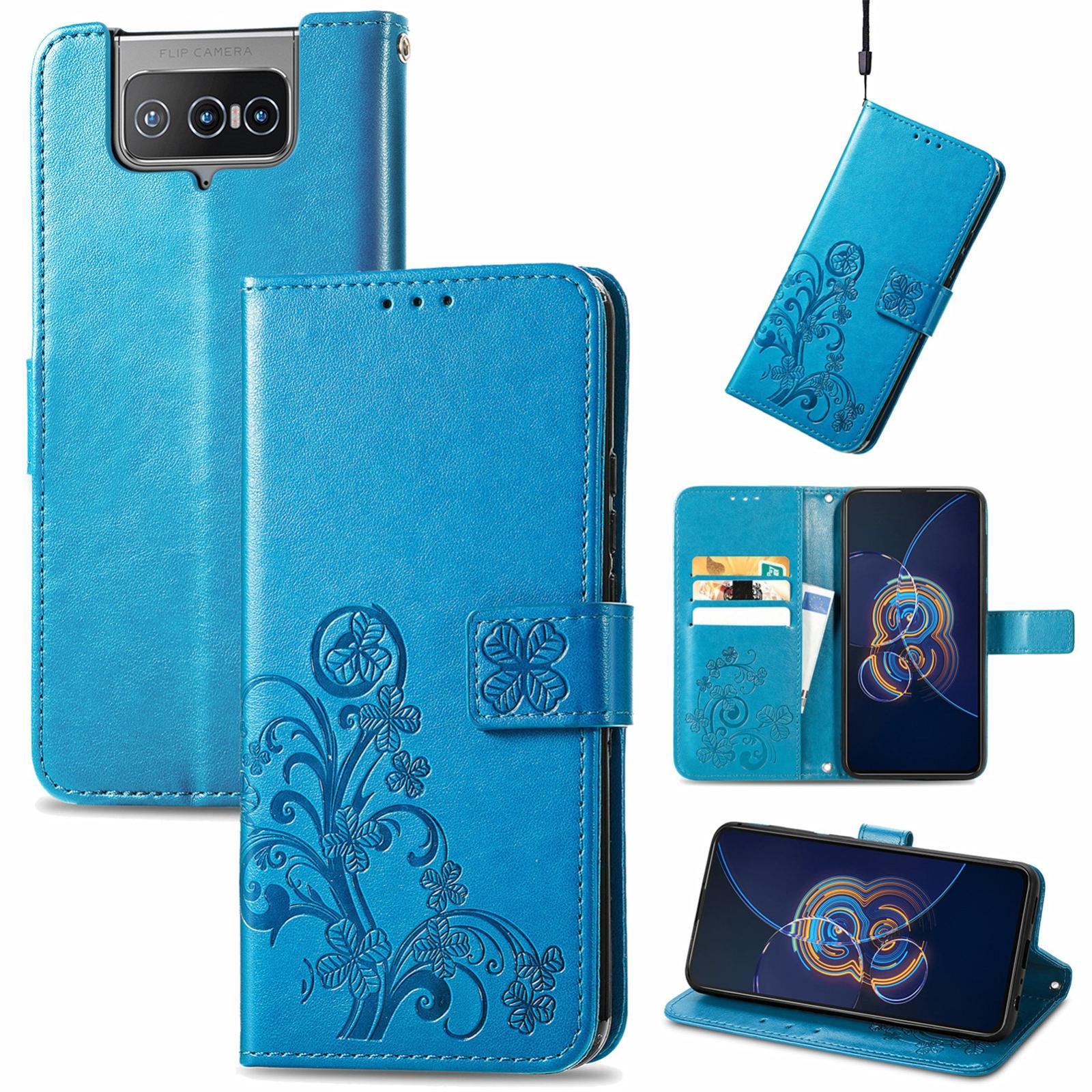 For Asus Zenfone 8 Flip Four-leaf Clasp Embossed Buckle Mobile Phone Protection Leather Case with Lanyard & Card Slot & Wallet & Bracket Function(Blue