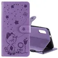 For LG K22 / K22 Plus Cat Bee Embossing Pattern Shockproof Horizontal Flip Leather Case with Holder & Card Slots & Wallet(Purple)