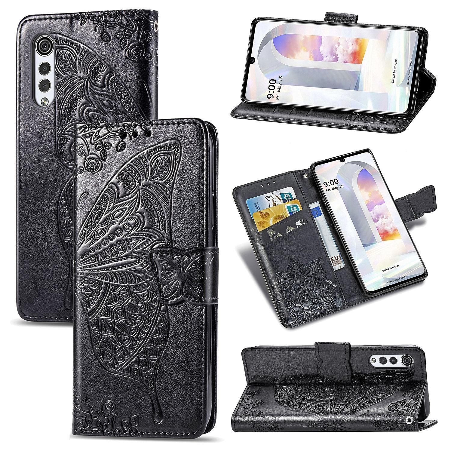 Butterfly Love Flowers Embossed Horizontal Flip Leather Case with Holder & Card Slots & Wallet & Lanyard For LG Velvet 2 Pro(Black)