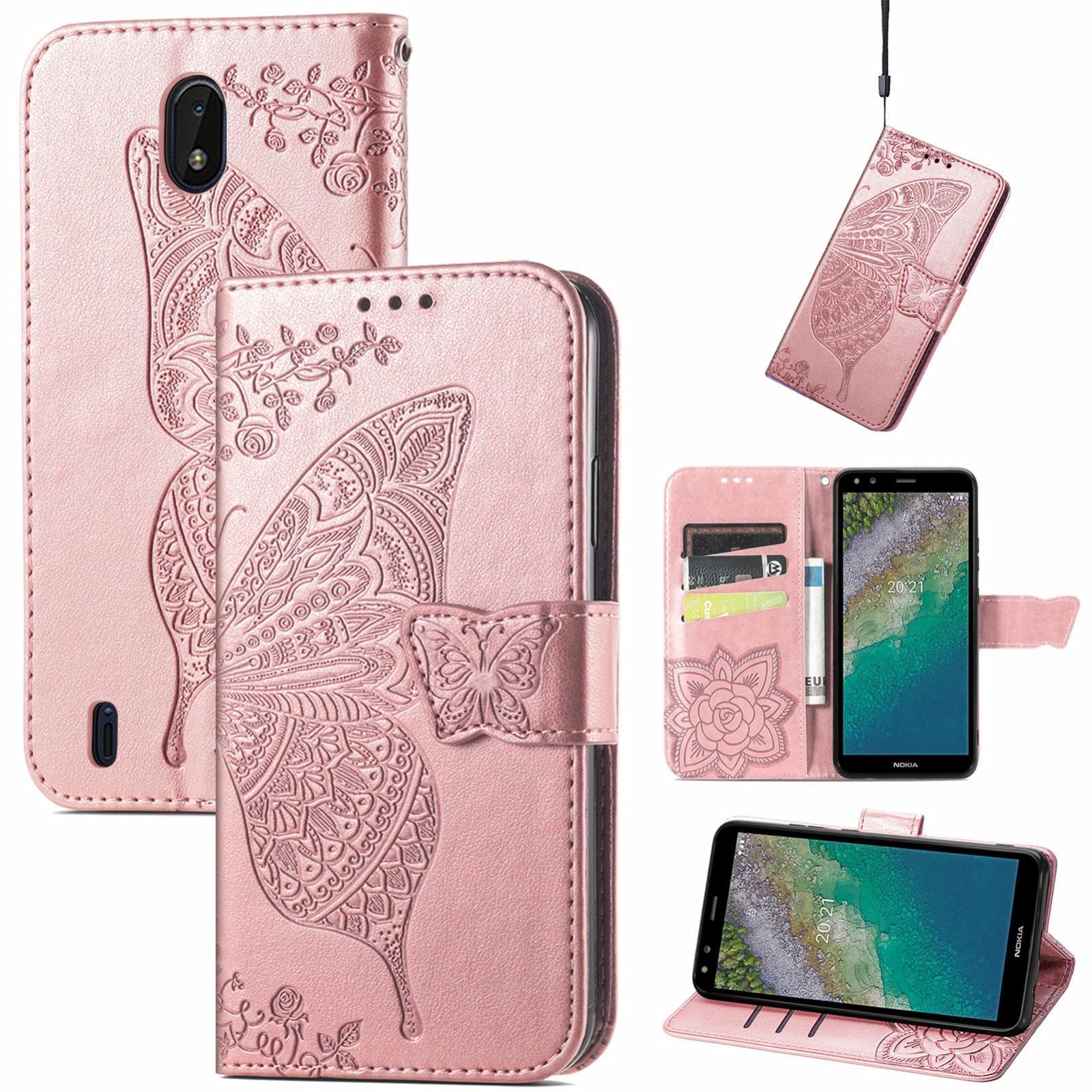 Butterfly Love Flowers Embossed Horizontal Flip Leather Case with Holder & Card Slots & Wallet & Lanyard For Nokia C01 Plus(Rose Gold)