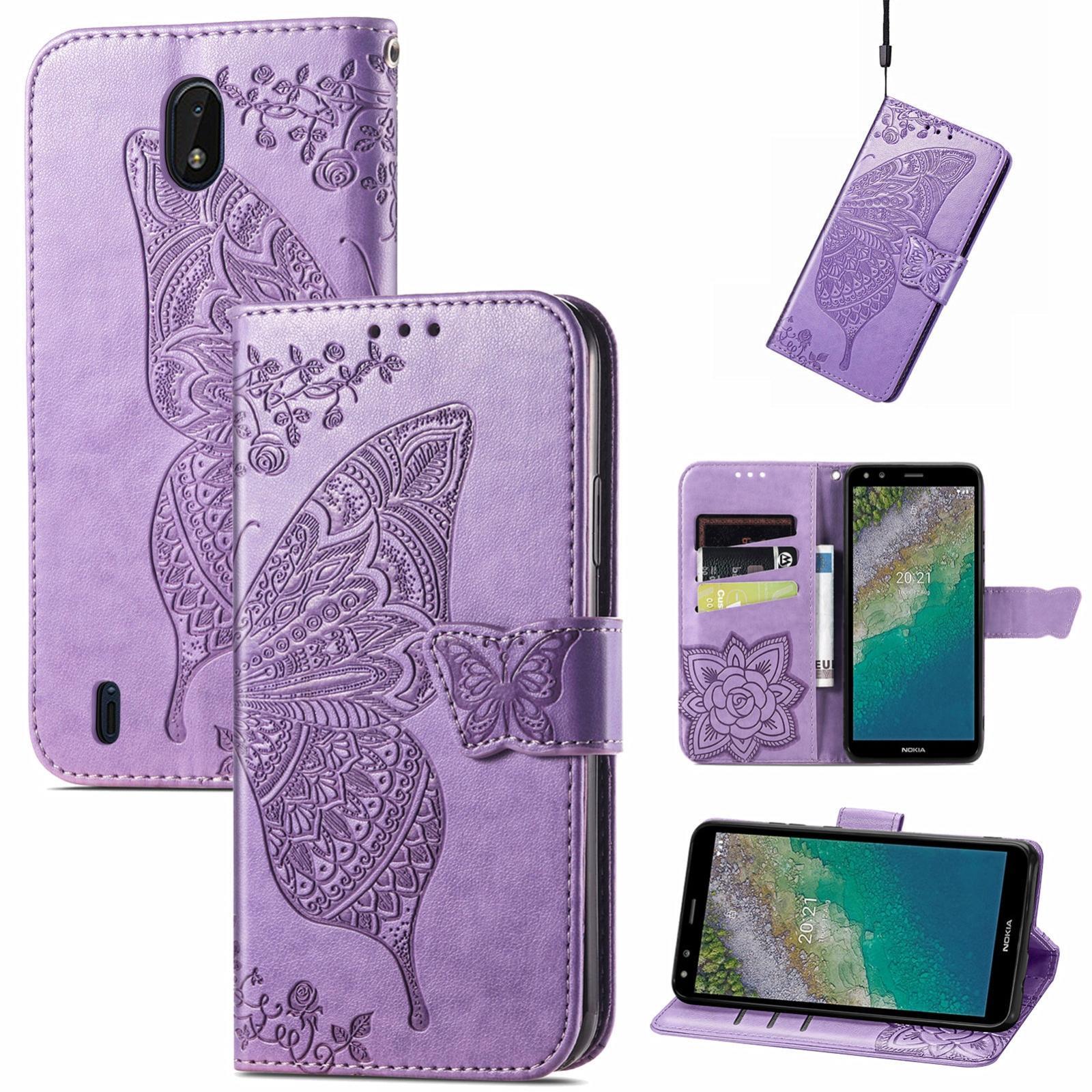Butterfly Love Flowers Embossed Horizontal Flip Leather Case with Holder & Card Slots & Wallet & Lanyard For Nokia C01 Plus(Light Purple)
