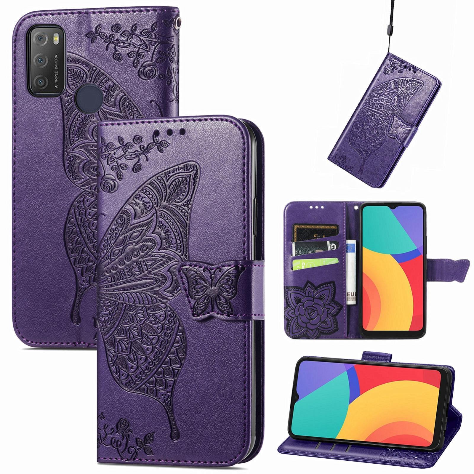 For Alcatel 1S 2021 Butterfly Love Flower Embossed Horizontal Flip Leather Case with Holder & Card Slots & Wallet & Lanyard(Dark Purple)