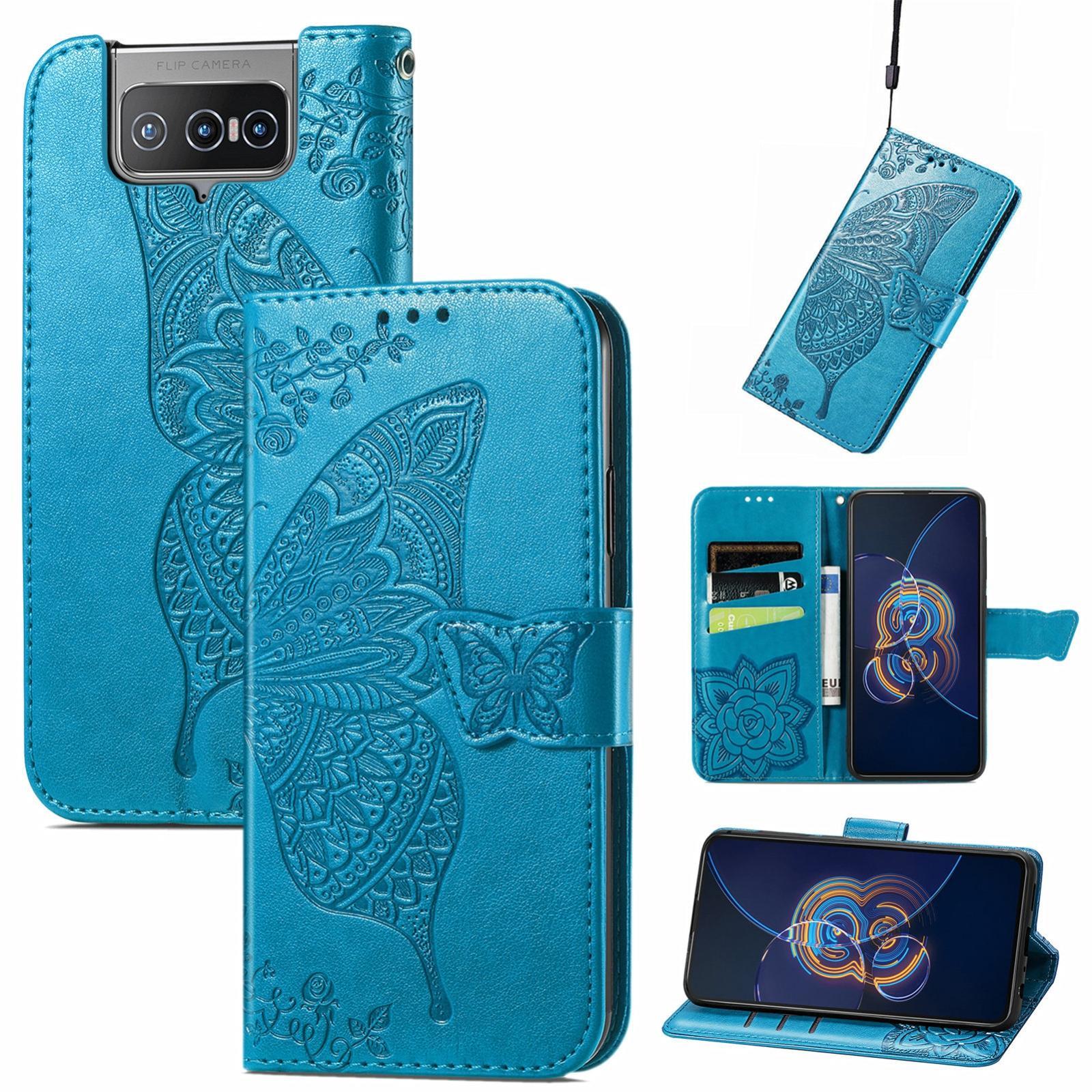 For Asus Zenfone 8 Flip Butterfly Love Flower Embossed Horizontal Flip Leather Case with Holder & Card Slots & Wallet & Lanyard(Blue)