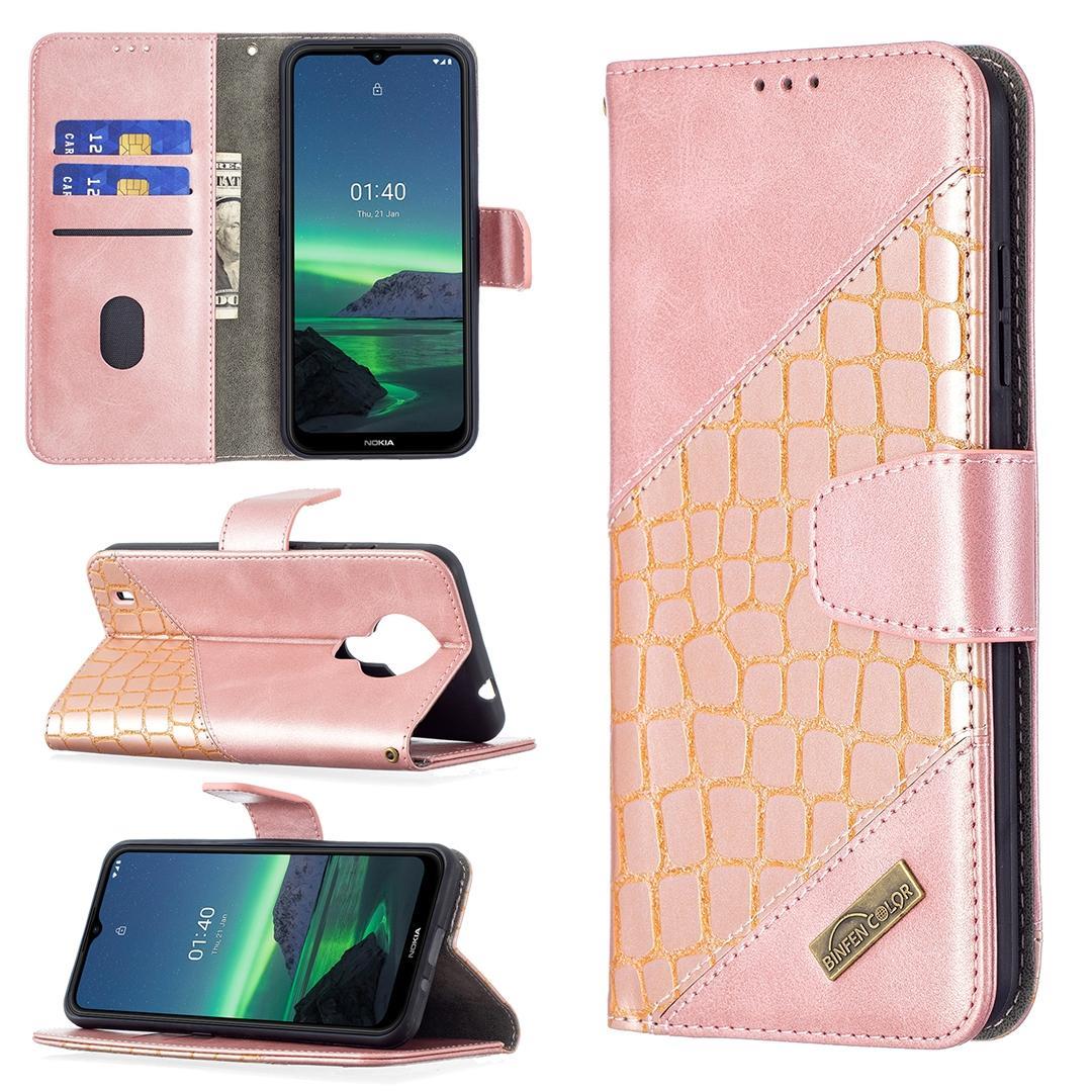 For Nokia 1.4 Matching Color Crocodile Texture Horizontal Flip PU Leather Case with Wallet & Holder & Card Slots(Rose Gold)