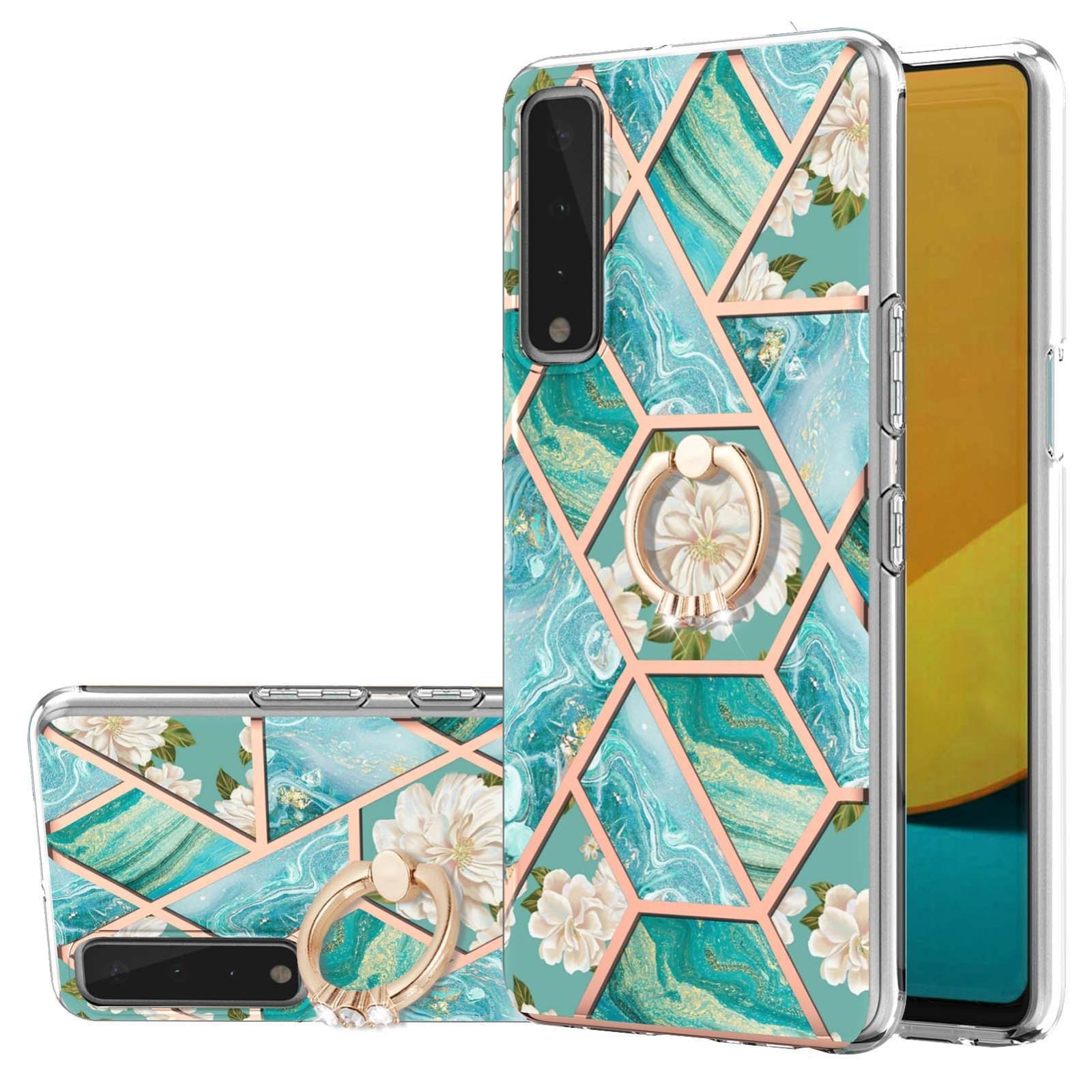For LG Stylo 7 5G Electroplating Splicing Marble Flower Pattern TPU Shockproof Case with Rhinestone Ring Holder(Blue Flower)