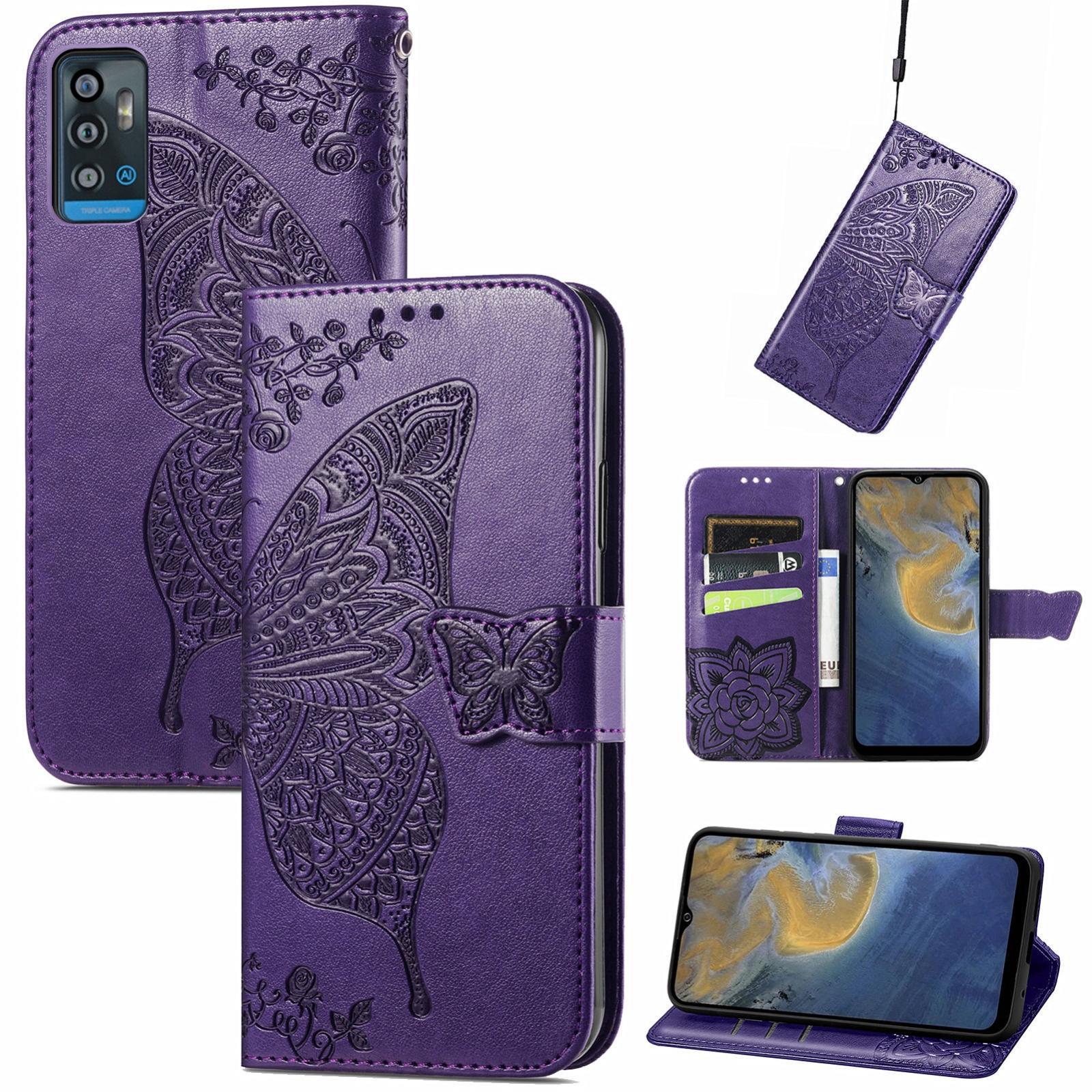 Butterfly Love Flowers Embossed Horizontal Flip Leather Case with Holder & Card Slots & Wallet & Lanyard For ZTE Blade A71(Dark Purple)