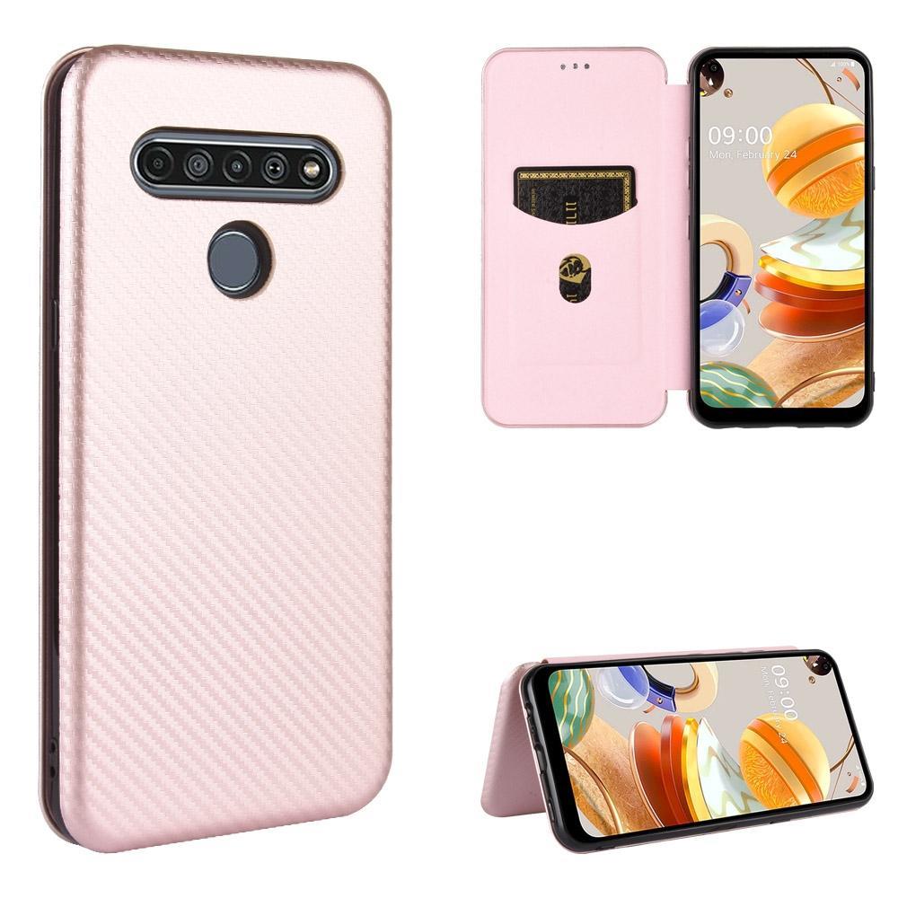 For LG K61 / Q61 Carbon Fiber Texture Magnetic Horizontal Flip TPU + PC + PU Leather Case with Card Slot(Pink)