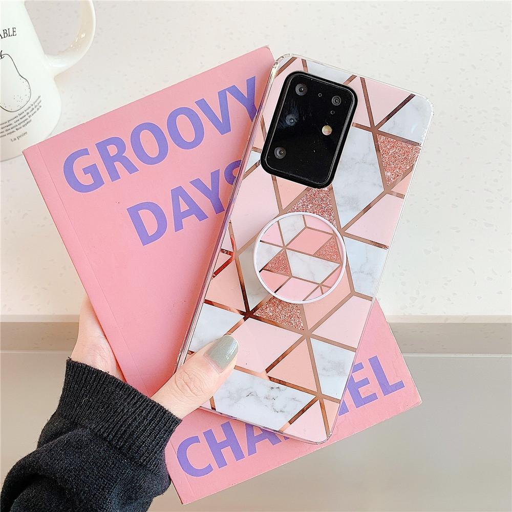 For Huawei P40 Plating Colorful Geometric Pattern Mosaic Marble TPU Mobile Phone Case with Folding Bracket(Pink PS1)