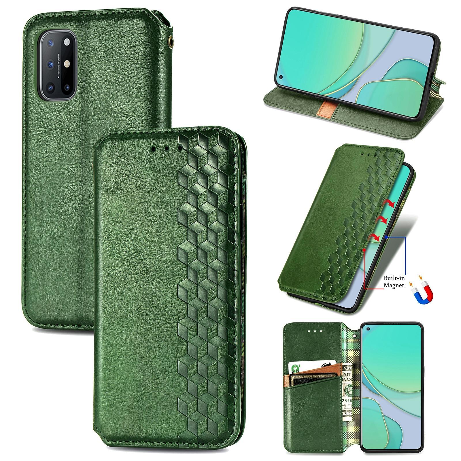 For OnePlus 8T Cubic Grid Pressed Horizontal Flip Magnetic PU Leather Case with Holder & Card Slots & Wallet(Green)