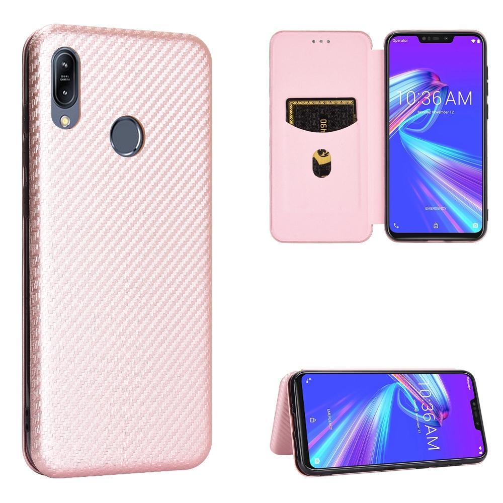 For Asus Zenfone Max (M2) ZB633KL Carbon Fiber Texture Magnetic Horizontal Flip TPU + PC + PU Leather Case with Card Slot(Pink)