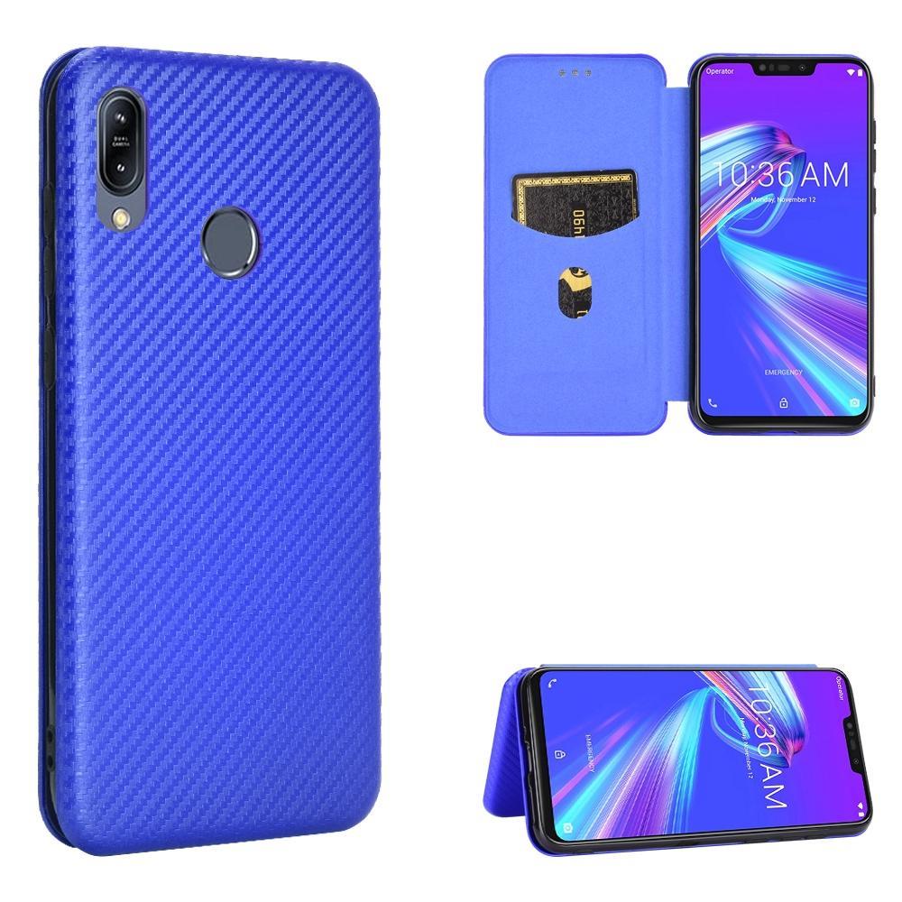 For Asus Zenfone Max (M2) ZB633KL Carbon Fiber Texture Magnetic Horizontal Flip TPU + PC + PU Leather Case with Card Slot(Blue)