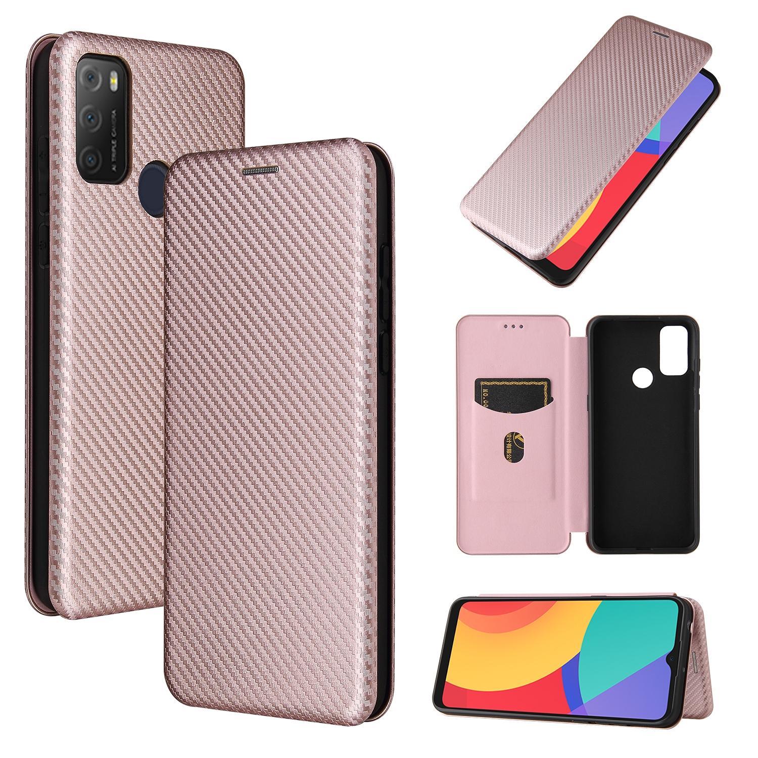 For alcatel 1S (2021) Carbon Fiber Texture Magnetic Horizontal Flip TPU + PC + PU Leather Case with Card Slot(Pink)