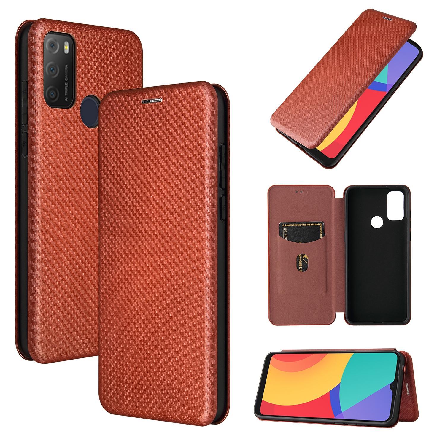For alcatel 1S (2021) Carbon Fiber Texture Magnetic Horizontal Flip TPU + PC + PU Leather Case with Card Slot(Brown)