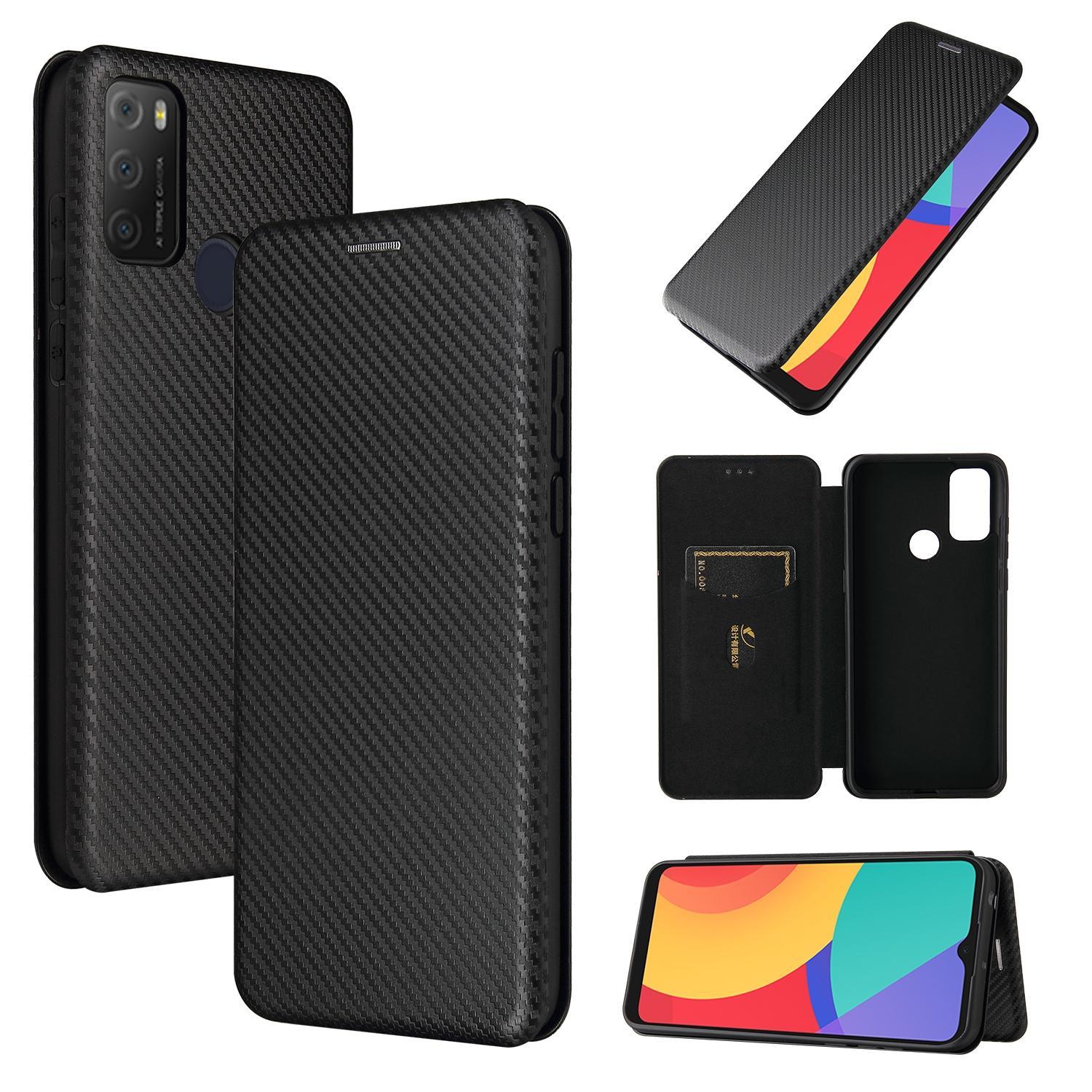 For alcatel 1S (2021) Carbon Fiber Texture Magnetic Horizontal Flip TPU + PC + PU Leather Case with Card Slot(Black)