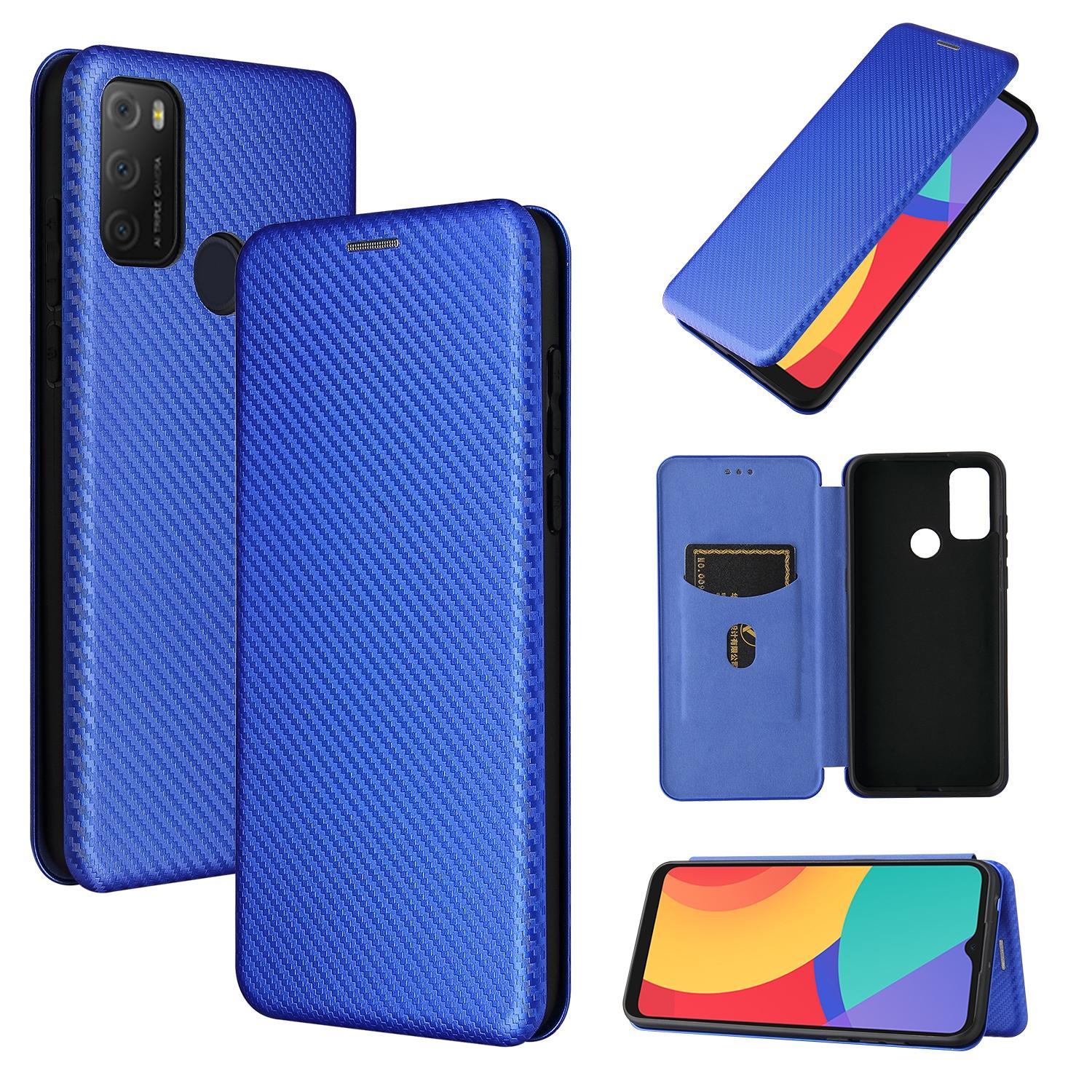 For alcatel 1S (2021) Carbon Fiber Texture Magnetic Horizontal Flip TPU + PC + PU Leather Case with Card Slot(Blue)