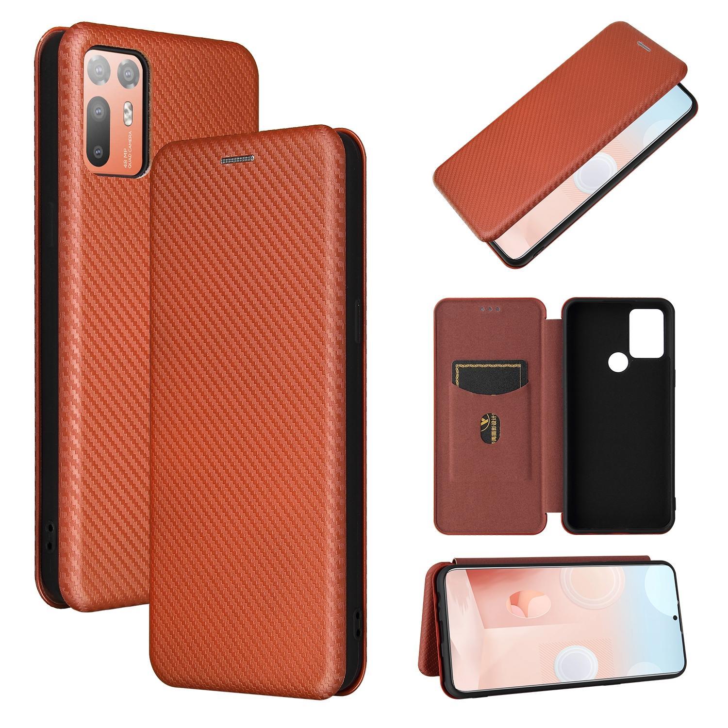 For HTC Desire 20 Plus Carbon Fiber Texture Magnetic Horizontal Flip TPU + PC + PU Leather Case with Card Slot(Brown)