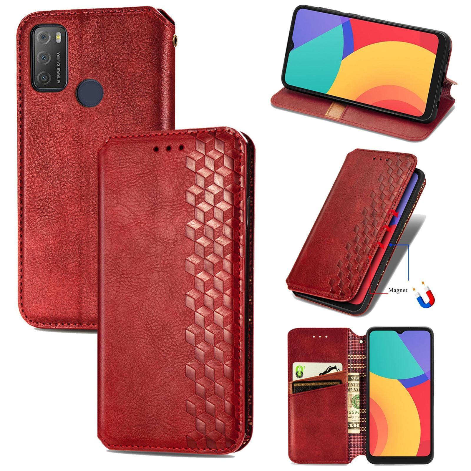 For Alcatel 1S 2021 Cubic Grid Pressed Horizontal Flip Magnetic PU Leather Case with Holder & Card Slots & Wallet(Red)