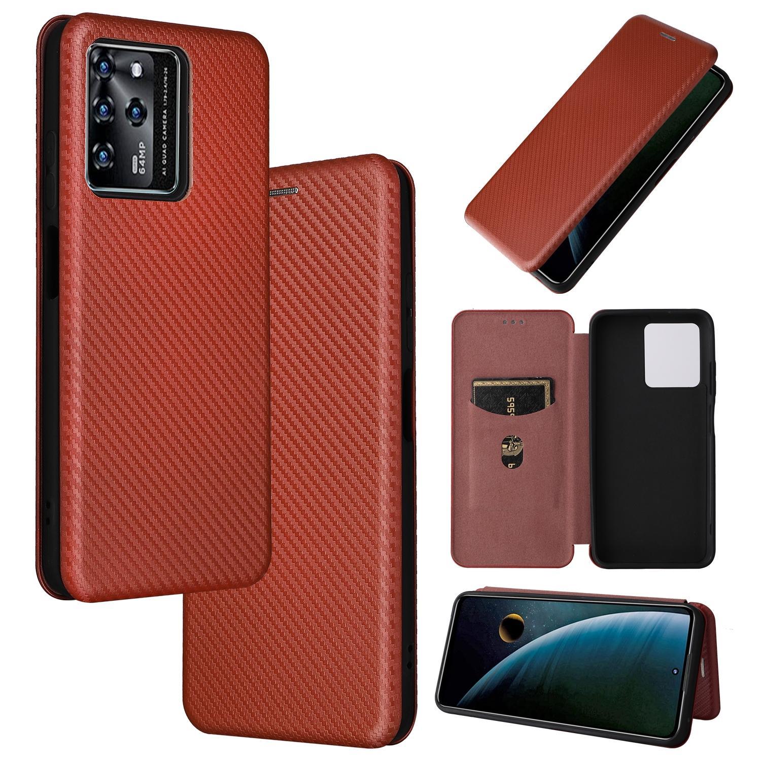 For ZTE Blade V30 Carbon Fiber Texture Magnetic Horizontal Flip PU Phone Case(Brown)