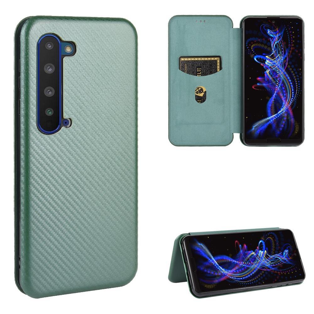 For Sharp Aquos R5G Carbon Fiber Texture Magnetic Horizontal Flip TPU + PC + PU Leather Case with Card Slot(Green)
