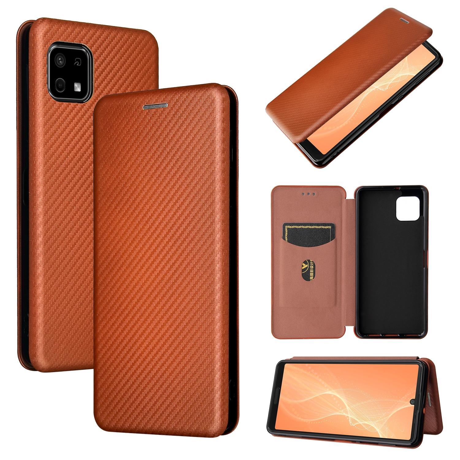 For Sharp Aquos Sense 6 Carbon Fiber Texture Magnetic Horizontal Flip TPU + PC + PU Leather Case with Card Slot(Brown)