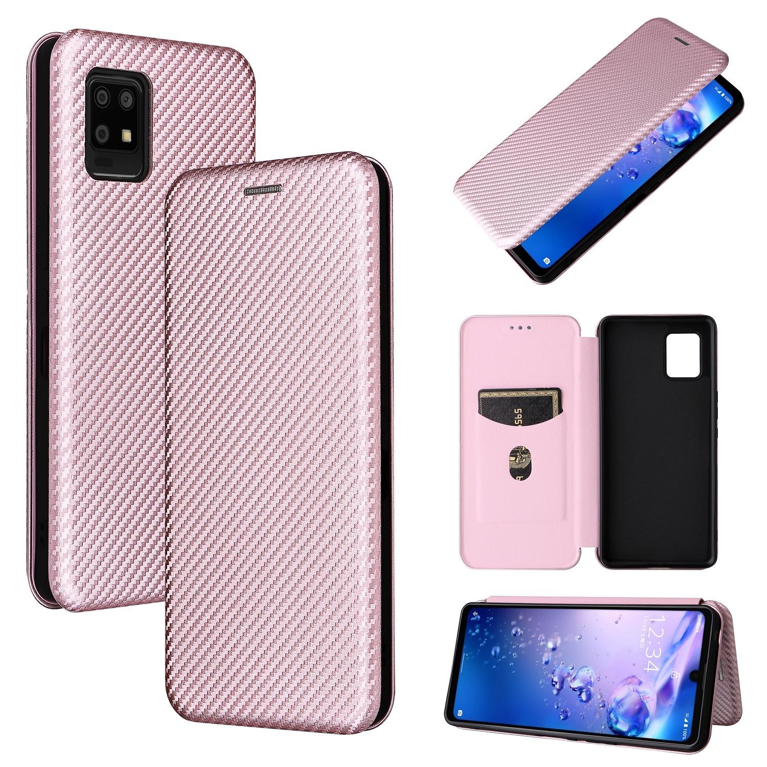 For Sharp Aquos Zero6 Carbon Fiber Texture Magnetic Horizontal Flip TPU + PC + PU Leather Case with Card Slot(Pink)