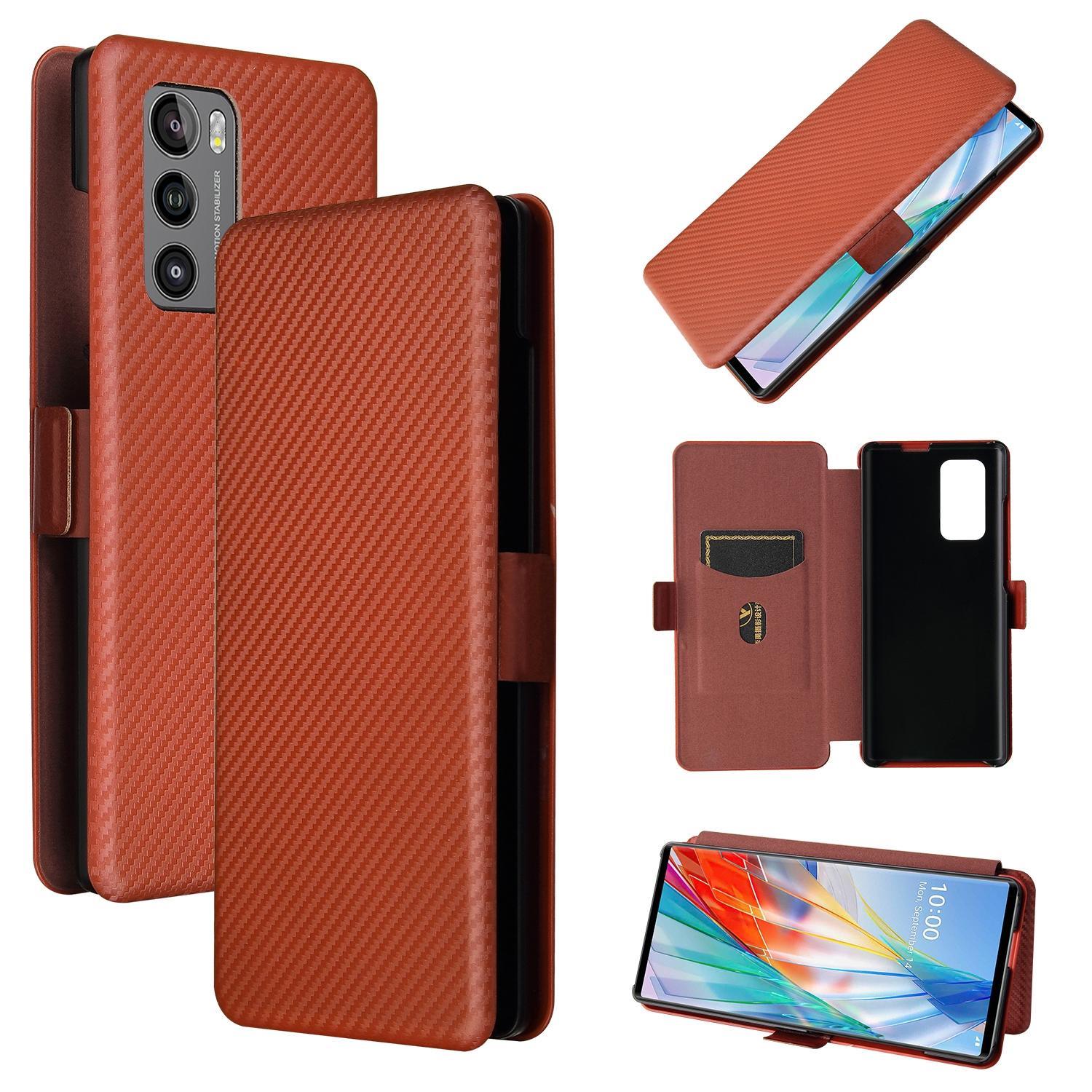 For LG Wing 5G with Buckle Carbon Fiber Texture Magnetic Horizontal Flip TPU + PC + PU Leather Case with Card Slot(Brown)