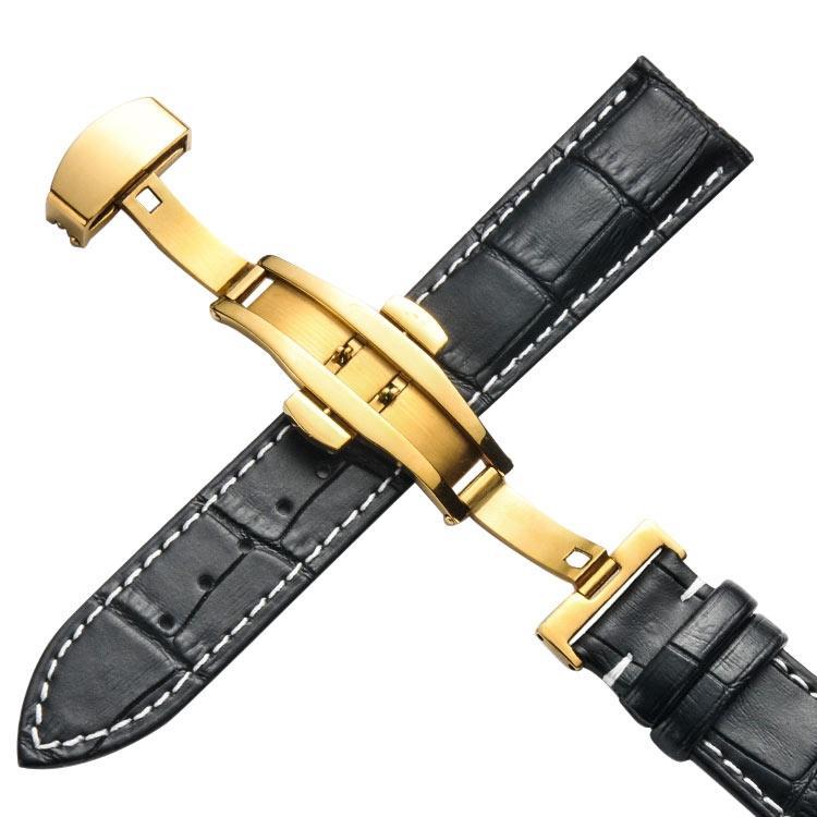 14mm Classic Cowhide Leather Gold Butterfly Buckle Replacement Strap Watchband(Black White Lines)