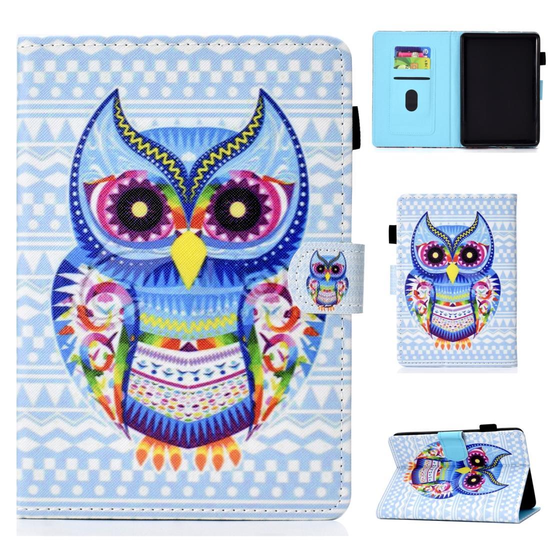 For Amazon Kindle Paperwhite 4 Colored Drawing Stitching Horizontal Flip Leather Case, with Holder & Card Slots(Colored Owl)