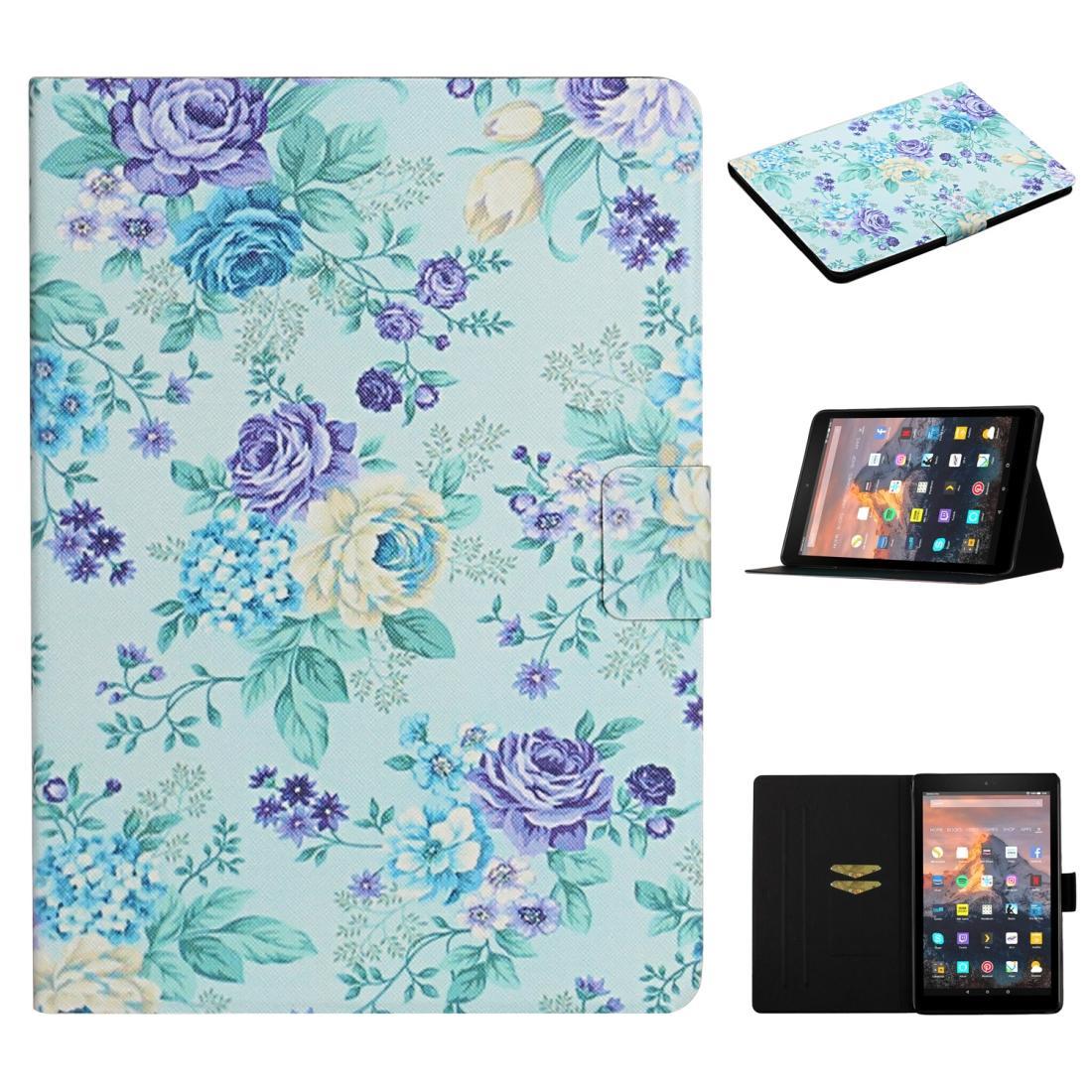 For Amazon Kindle Fire HD 10 Flower Pattern Horizontal Flip Leather Case with Card Slots & Holder(Purple Flower)