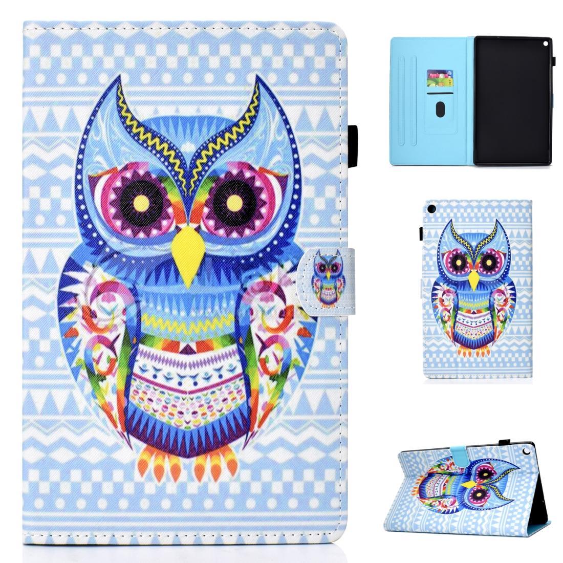 For amazon Kindle Fire HD 10 Colored Drawing Stitching Horizontal Flip Leather Case, with Holder & Card Slots(Colored Owl)
