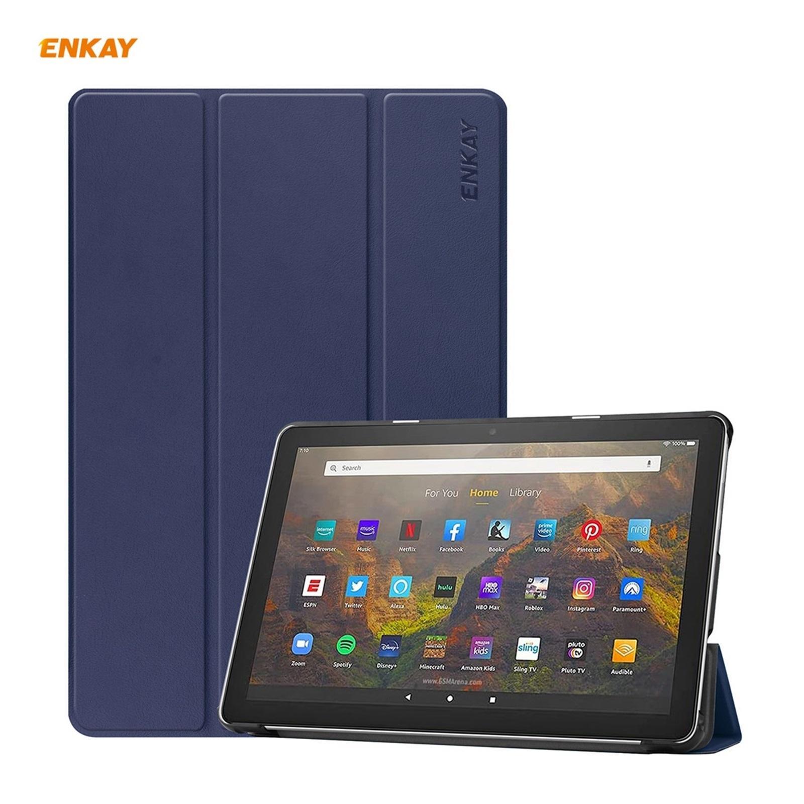 ENKAY PU Leather + Plastic Smart Case with Three-folding Holder for Amazon Fire HD 10 / 10 Plus (2021)(Dark Blue)