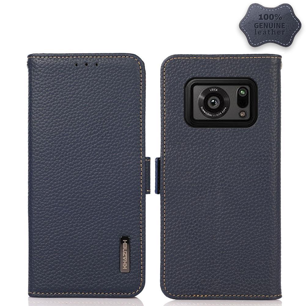 For Sharp Aquos R6 KHAZNEH Side-Magnetic Litchi Genuine Leather RFID Phone Case(Blue)