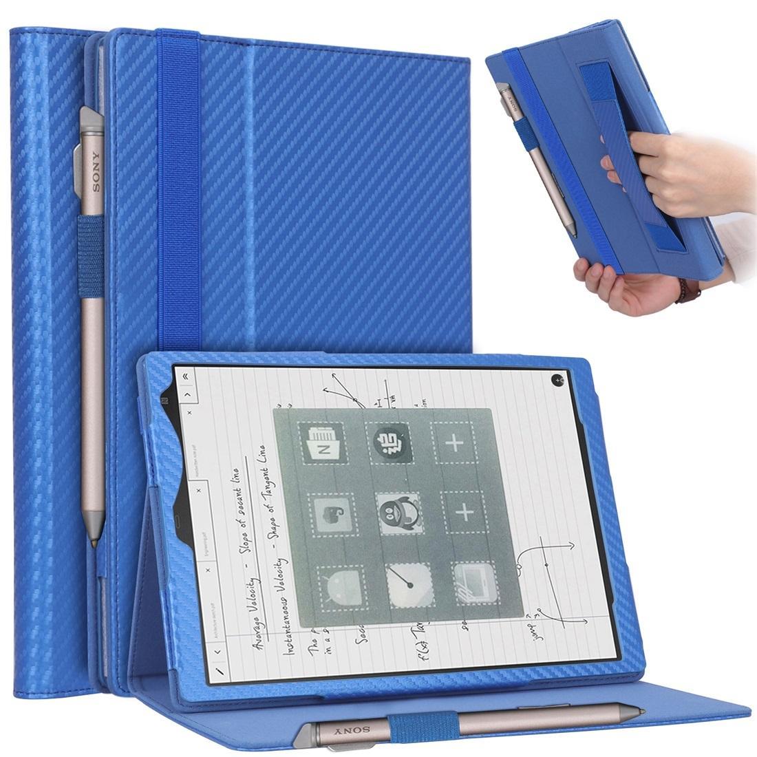 For Sony DPT-CP1 10.3 inch (2018) Carbon Fiber Texture PU Horizontal Flip Leather Case with Holder & Pen Slot & Hand Strap(Blue)
