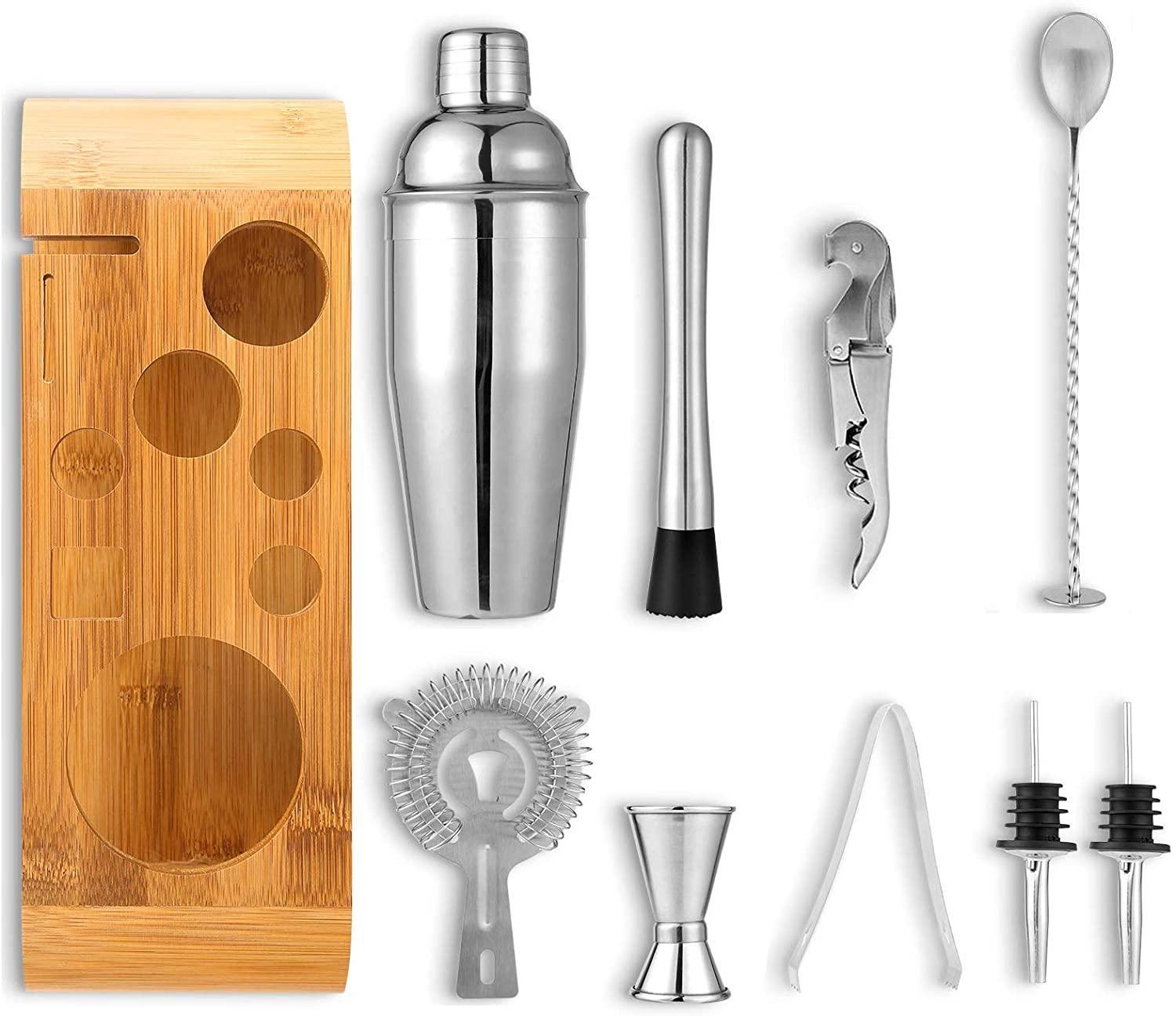 Cocktail Shaker Set Bartender Kit with Bamboo Stand
