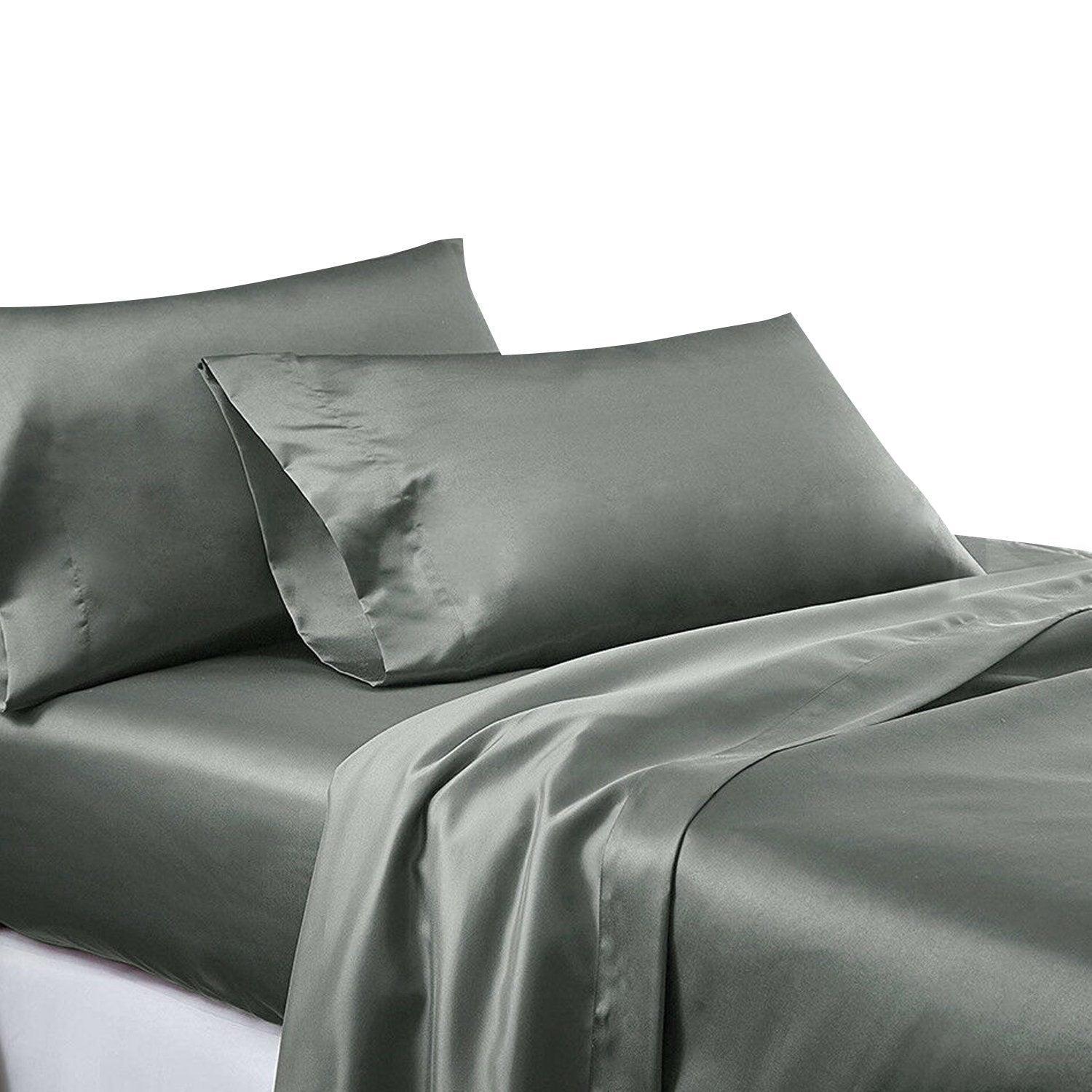Grey Silk Satin Sheet Flat Fitted Sheet Pillowcase Set