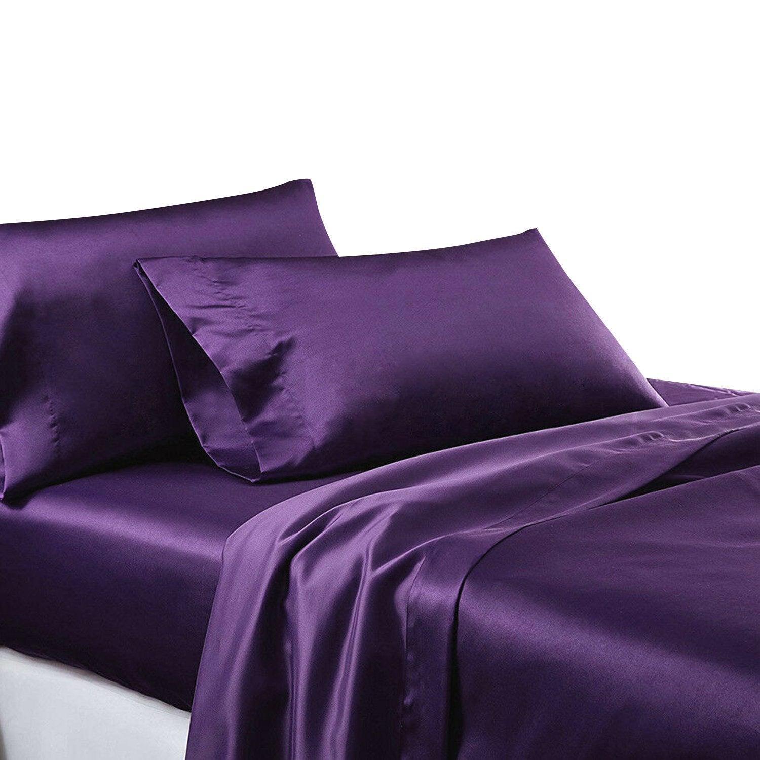 Purple Silk Satin Sheet Flat Fitted Sheet Pillowcase Set