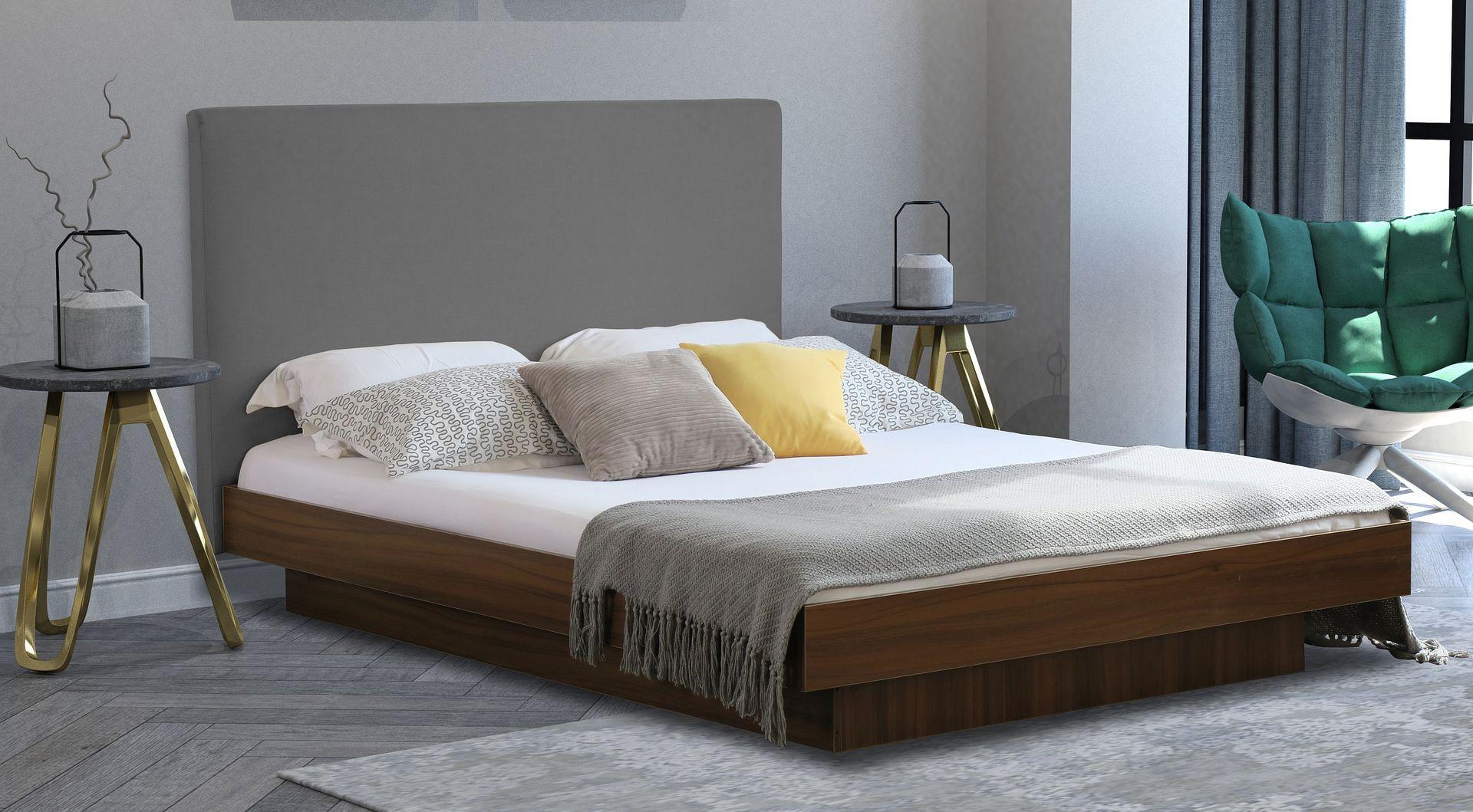 Cecilion King Grey Fabric Floating Walnut Bed Frame