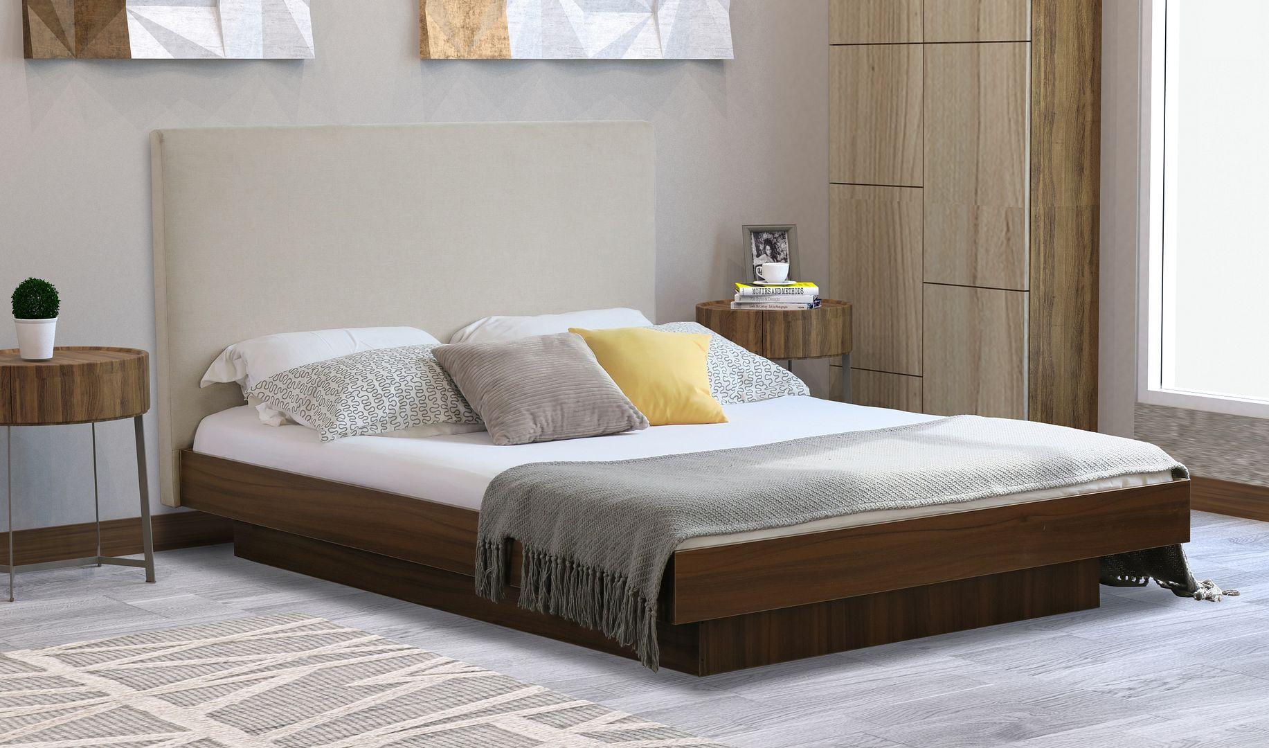 Cecilion Double Beige White Oak Fabric Floating Walnut Bed Frame