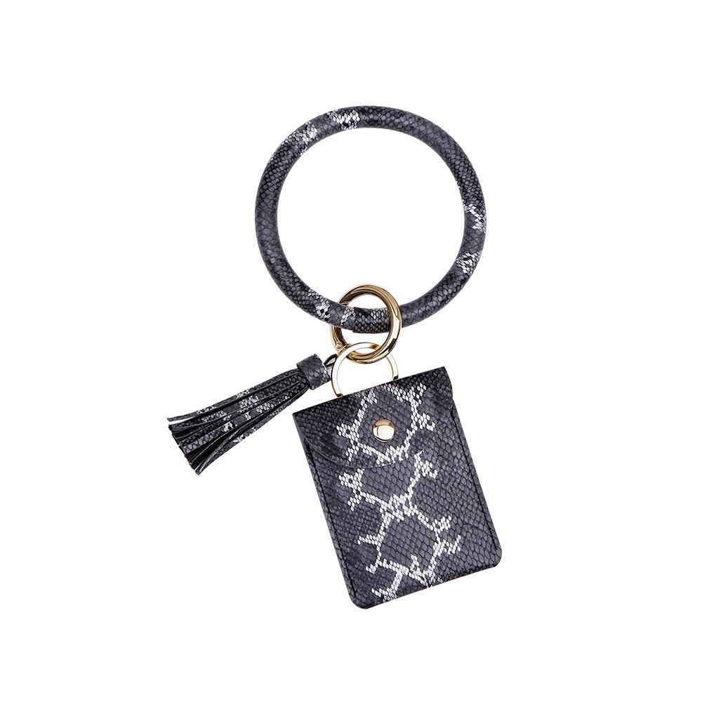 Wrist Keychain Coin Purse PU Leather Snake Print Bracelet Card Case(Black )